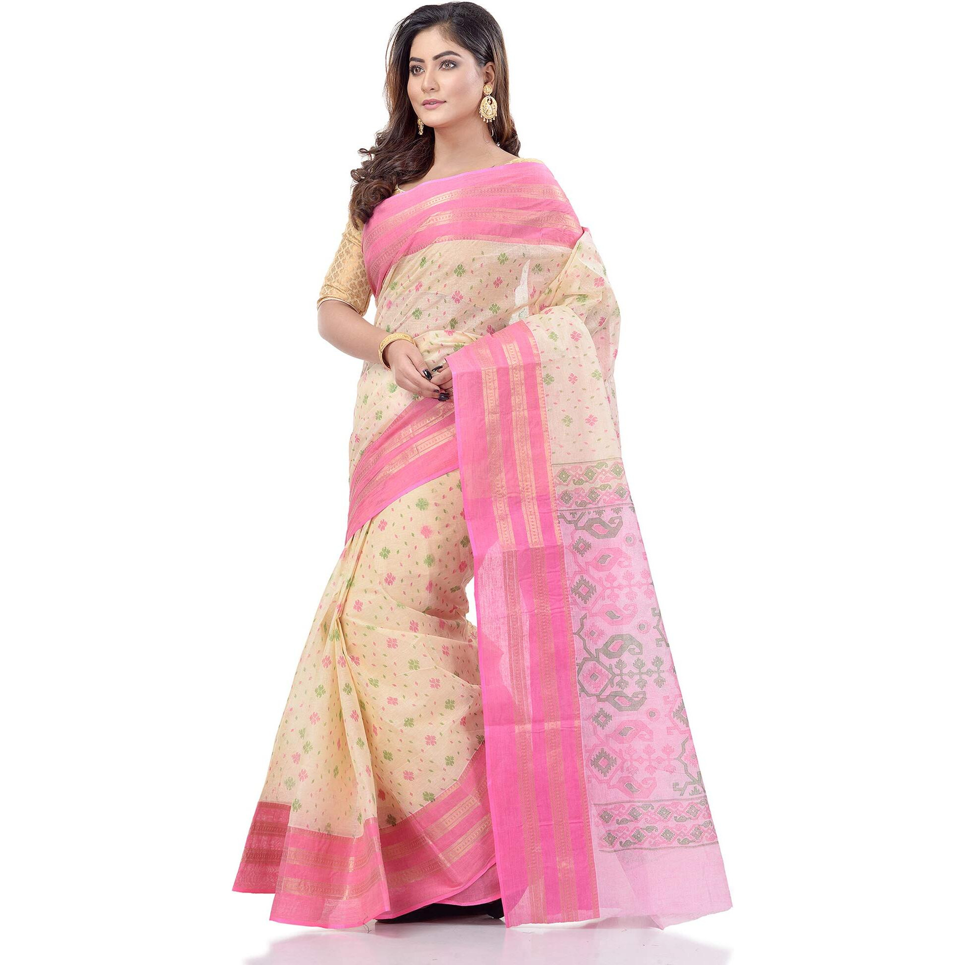 dB DESH BIDESH Women`s Bengal Tant Jamdani Printed Handloom Cotton Saree Without Blouse Piece(Pink)