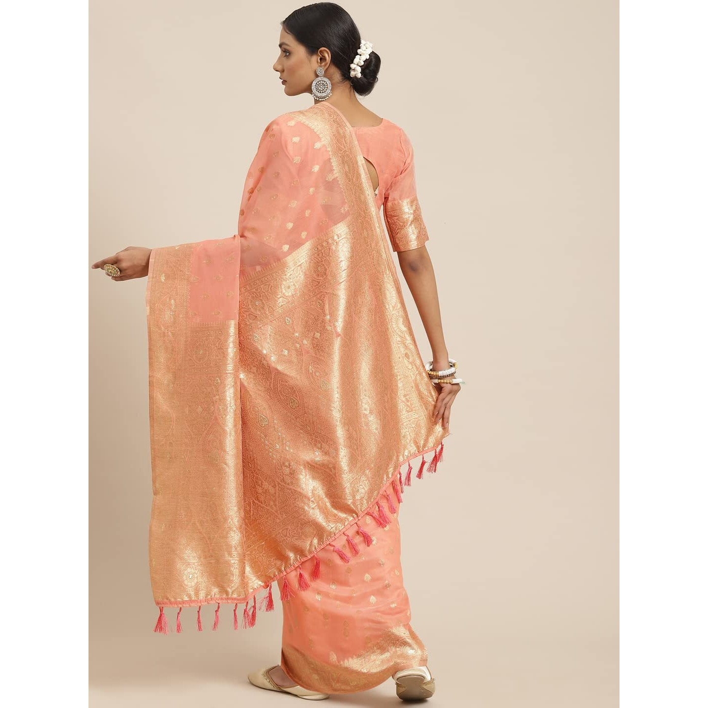 AKHILAM Womens Silk Cotton Banarasi Saree With Unstitched Blouse Piece (Peach_FF03VMIKA3004)