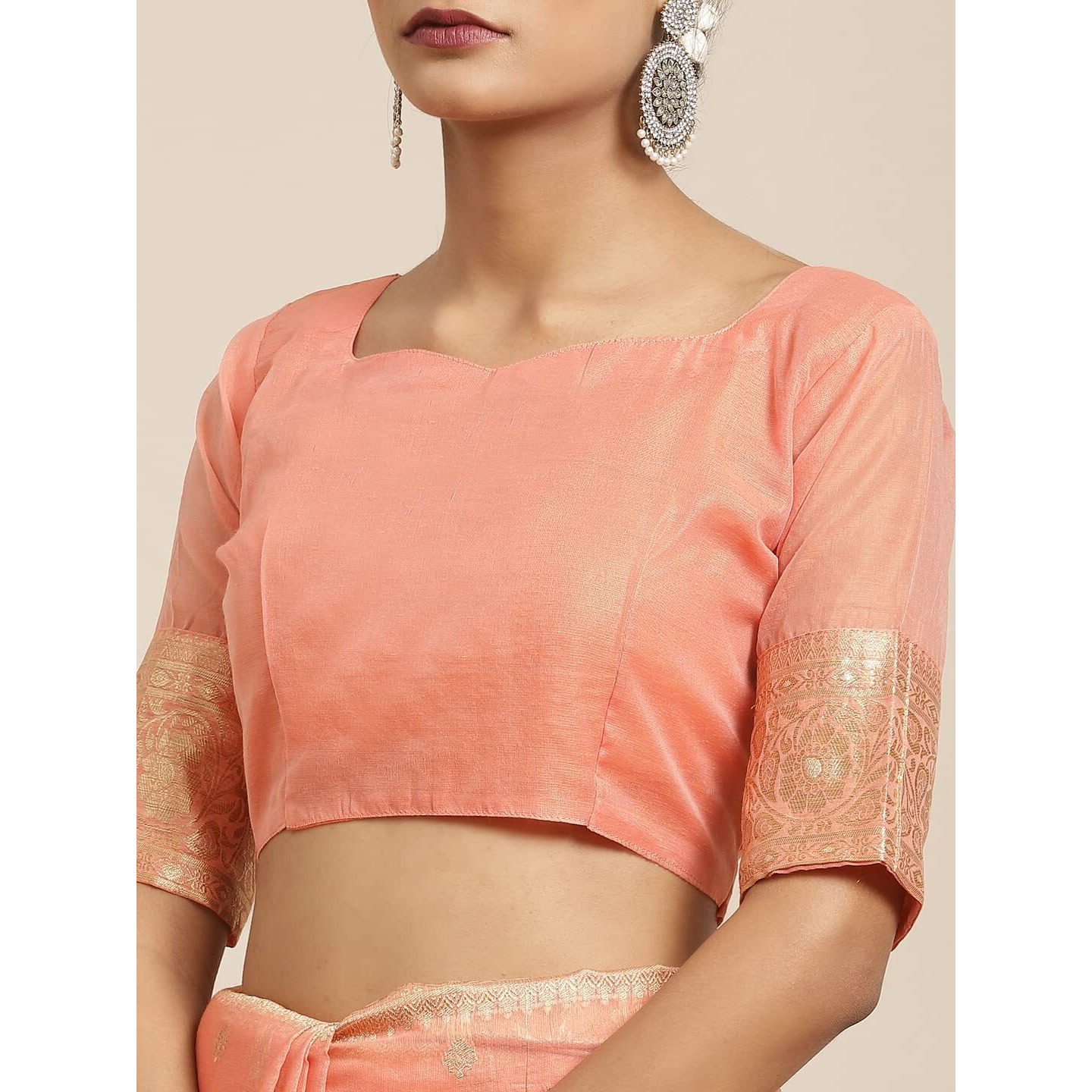 AKHILAM Womens Silk Cotton Banarasi Saree With Unstitched Blouse Piece (Peach_FF03VMIKA3004)