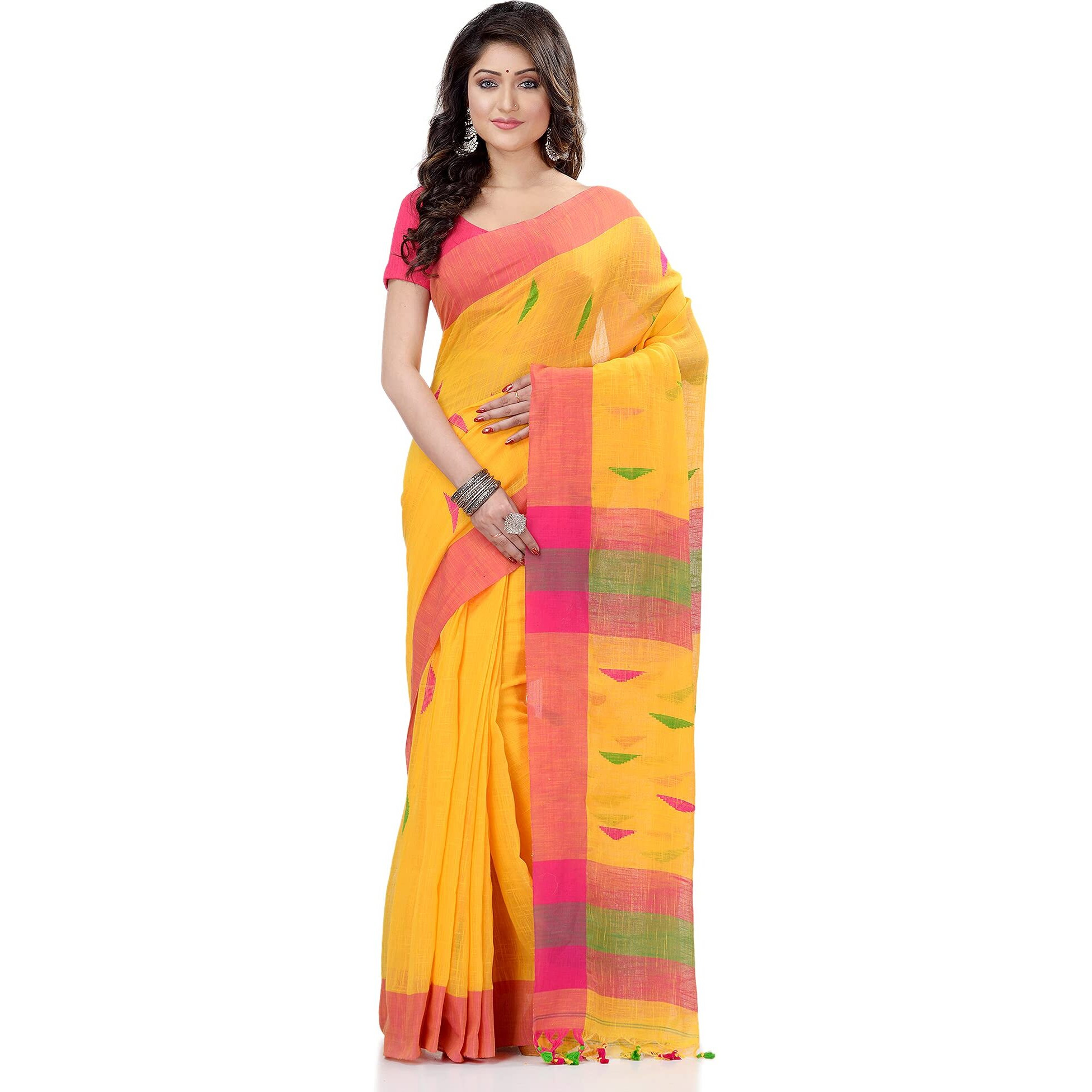 dB DESH BIDESH Women`s Traditional Bengali Tant Handloom Cotton Saree Prism With Blouse Piece (Yellow Pink Green)