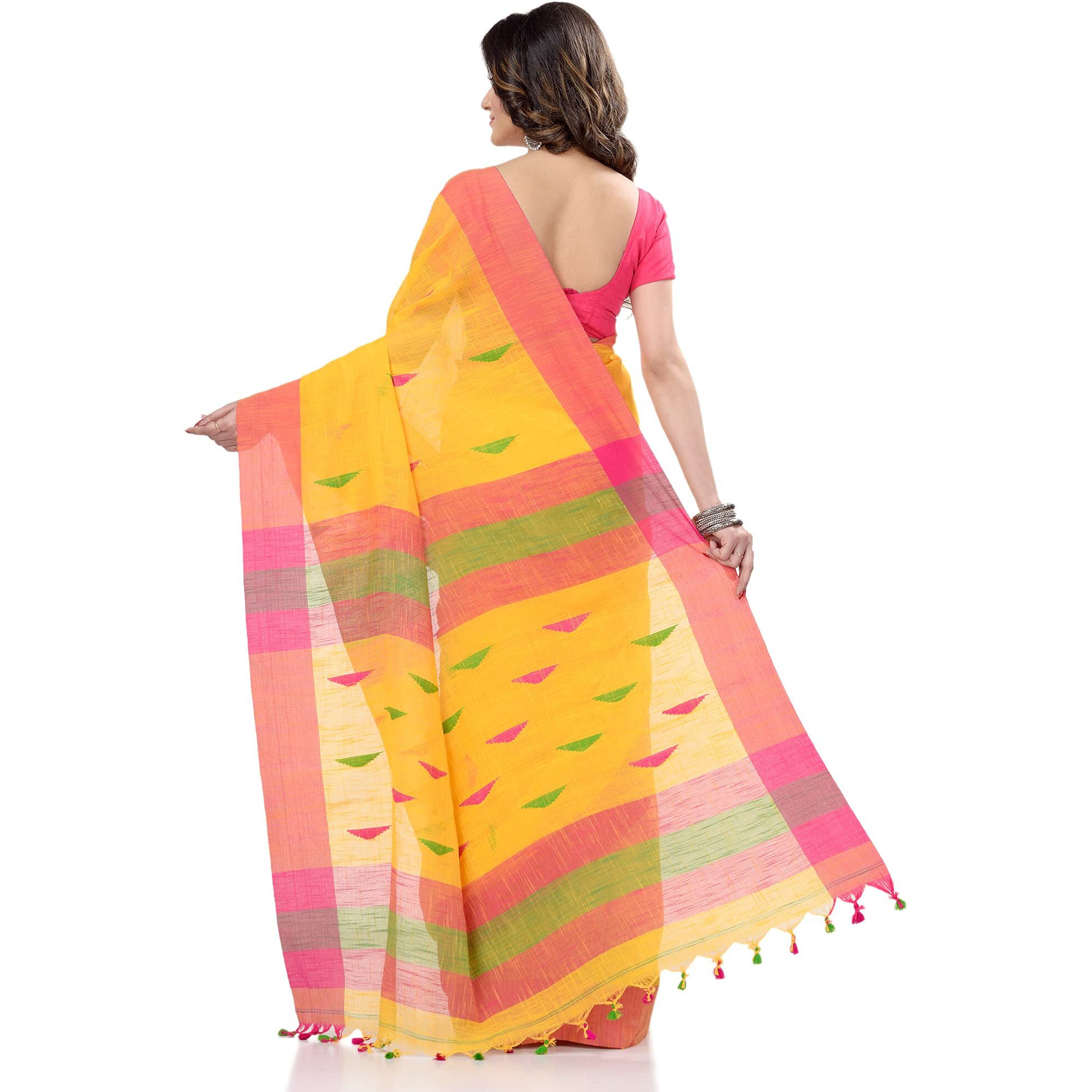 dB DESH BIDESH Women`s Traditional Bengali Tant Handloom Cotton Saree Prism With Blouse Piece (Yellow Pink Green)