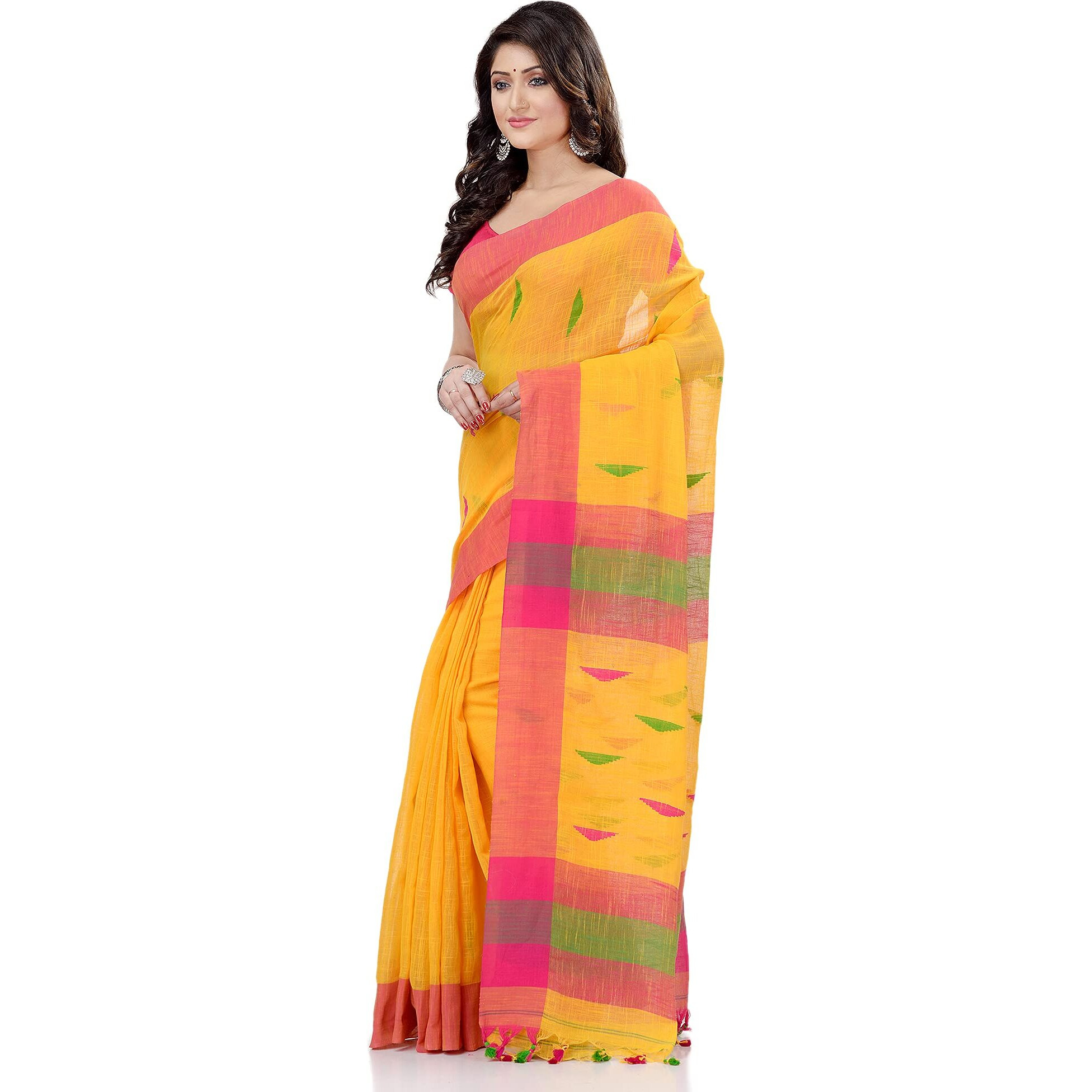 dB DESH BIDESH Women`s Traditional Bengali Tant Handloom Cotton Saree Prism With Blouse Piece (Yellow Pink Green)