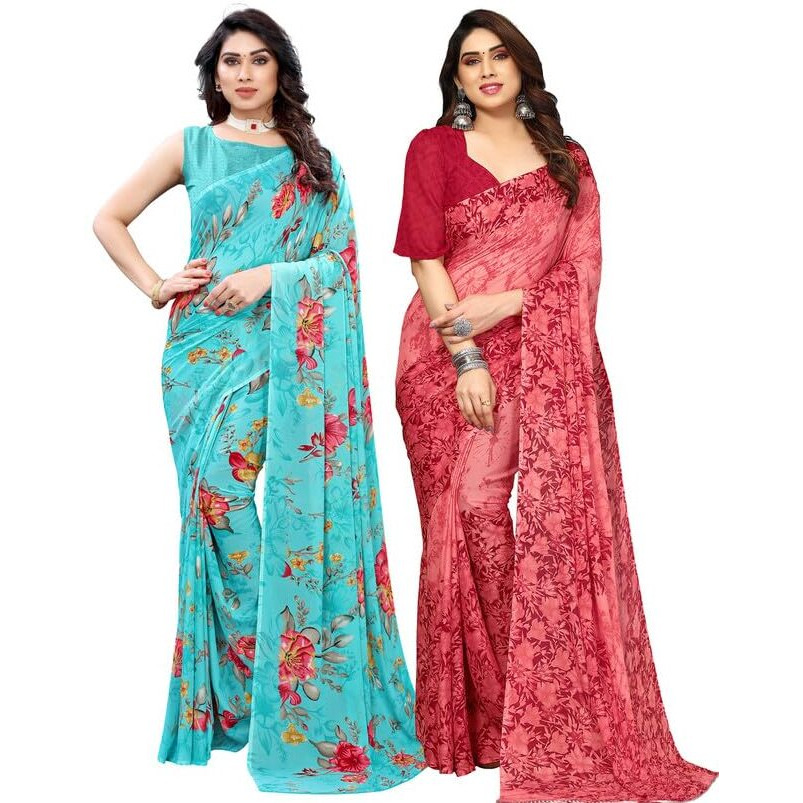 Satrani Womens Pure Georgette Saree (1850S176N_3112S2153N_Aqua Blue | Maroon)