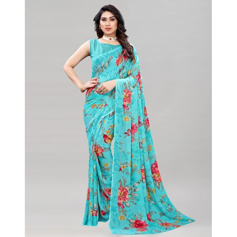 Satrani Womens Pure Georgette Saree (1850S176N_3112S2153N_Aqua Blue | Maroon)