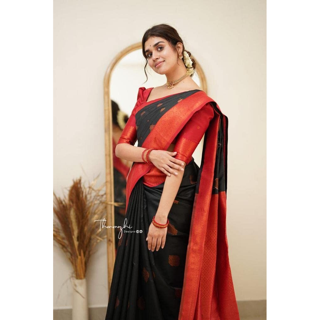 Flosive Womens Present Banarasi Soft Lichi Silk Saree Beautiful Jacquard Rich Pallu Design Work Zari Woven Kanjivaram Silk Style Saree With Soft Lichi Silk Blouse Piece Ayn Royal (Black)