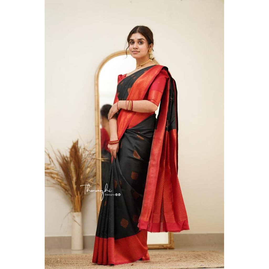 Flosive Womens Present Banarasi Soft Lichi Silk Saree Beautiful Jacquard Rich Pallu Design Work Zari Woven Kanjivaram Silk Style Saree With Soft Lichi Silk Blouse Piece Ayn Royal (Black)