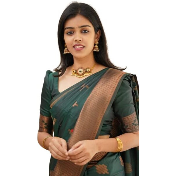 Flosive Womens Present Banarasi Soft Lichi Silk Saree Beautiful Jacquard Rich Pallu Design Work Zari Woven Kanjivaram Silk Style Saree With Soft Lichi Silk Blouse Piece Ayn Royal (Green)