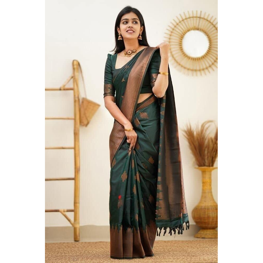 Flosive Womens Present Banarasi Soft Lichi Silk Saree Beautiful Jacquard Rich Pallu Design Work Zari Woven Kanjivaram Silk Style Saree With Soft Lichi Silk Blouse Piece Ayn Royal (Green)