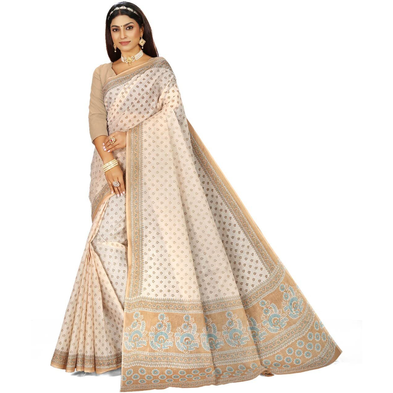 RATAN Pure Cotton Printed Mulmul Saree for Women without Blouse Piece (Chiku Beige)