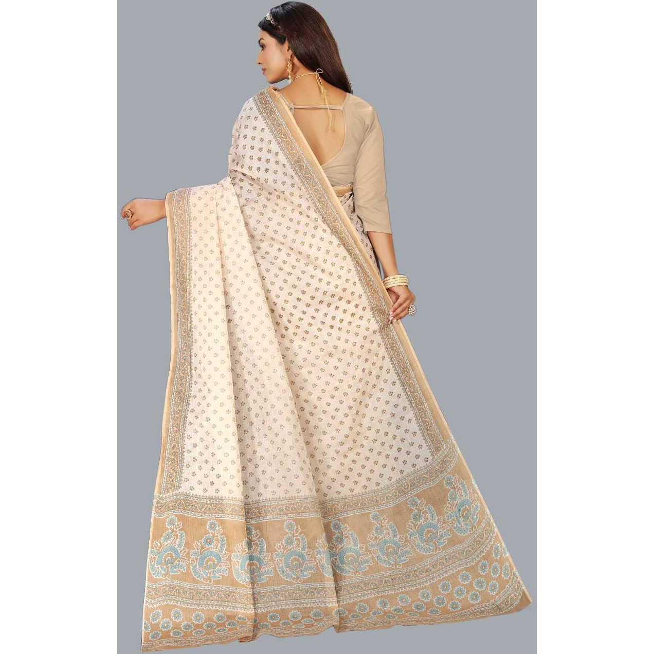 RATAN Pure Cotton Printed Mulmul Saree for Women without Blouse Piece (Chiku Beige)