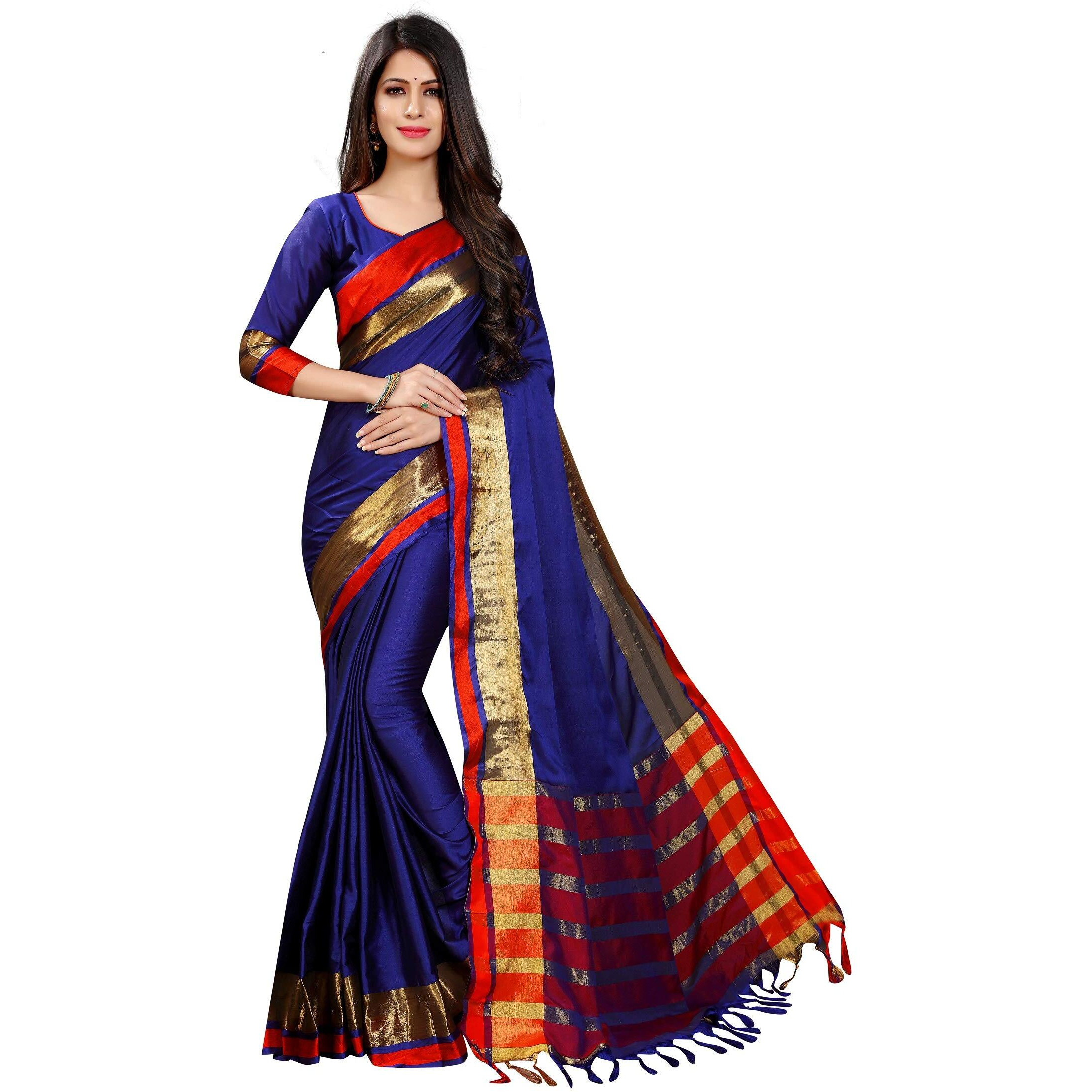 PERFECTBLUE Womens Cotton Silk Saree With Blouse Piece(Han9shikaVariation) (Blue)