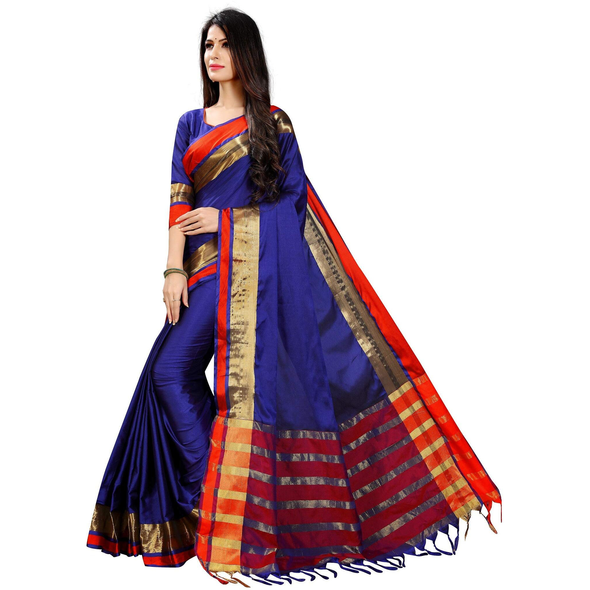 PERFECTBLUE Womens Cotton Silk Saree With Blouse Piece(Han9shikaVariation) (Blue)