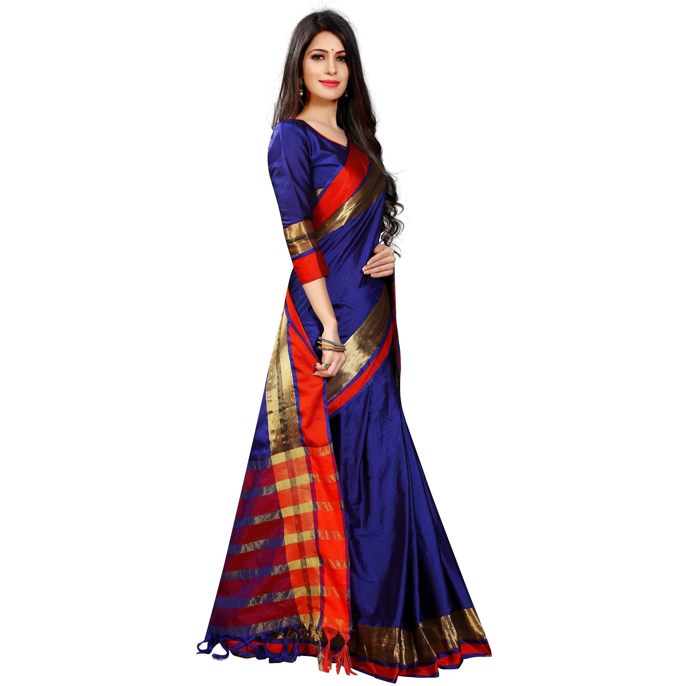 PERFECTBLUE Womens Cotton Silk Saree With Blouse Piece(Han9shikaVariation) (Blue)