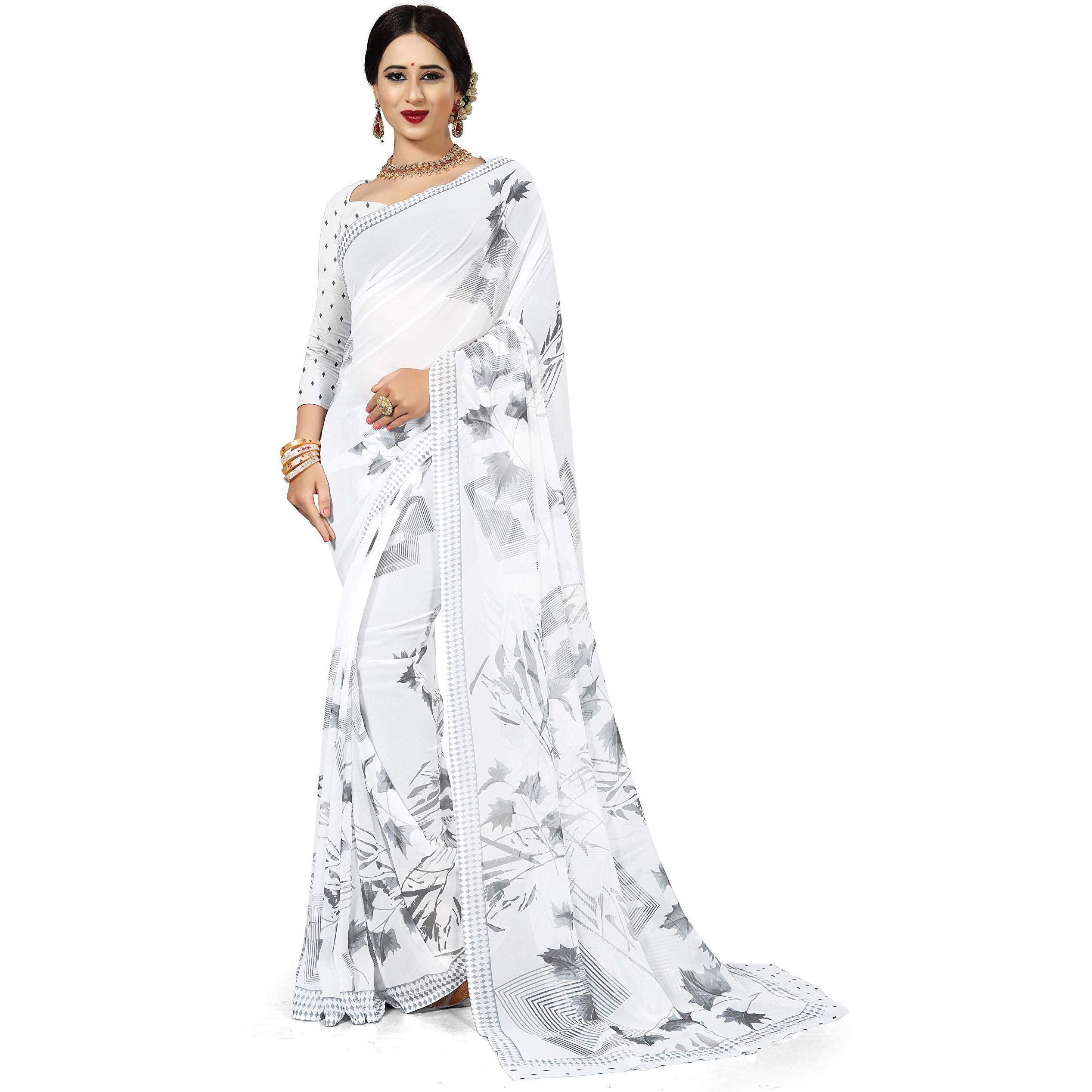 Miraan Womens Georgette Saree with Blouse Piece (BANLOTUSH5802, White)