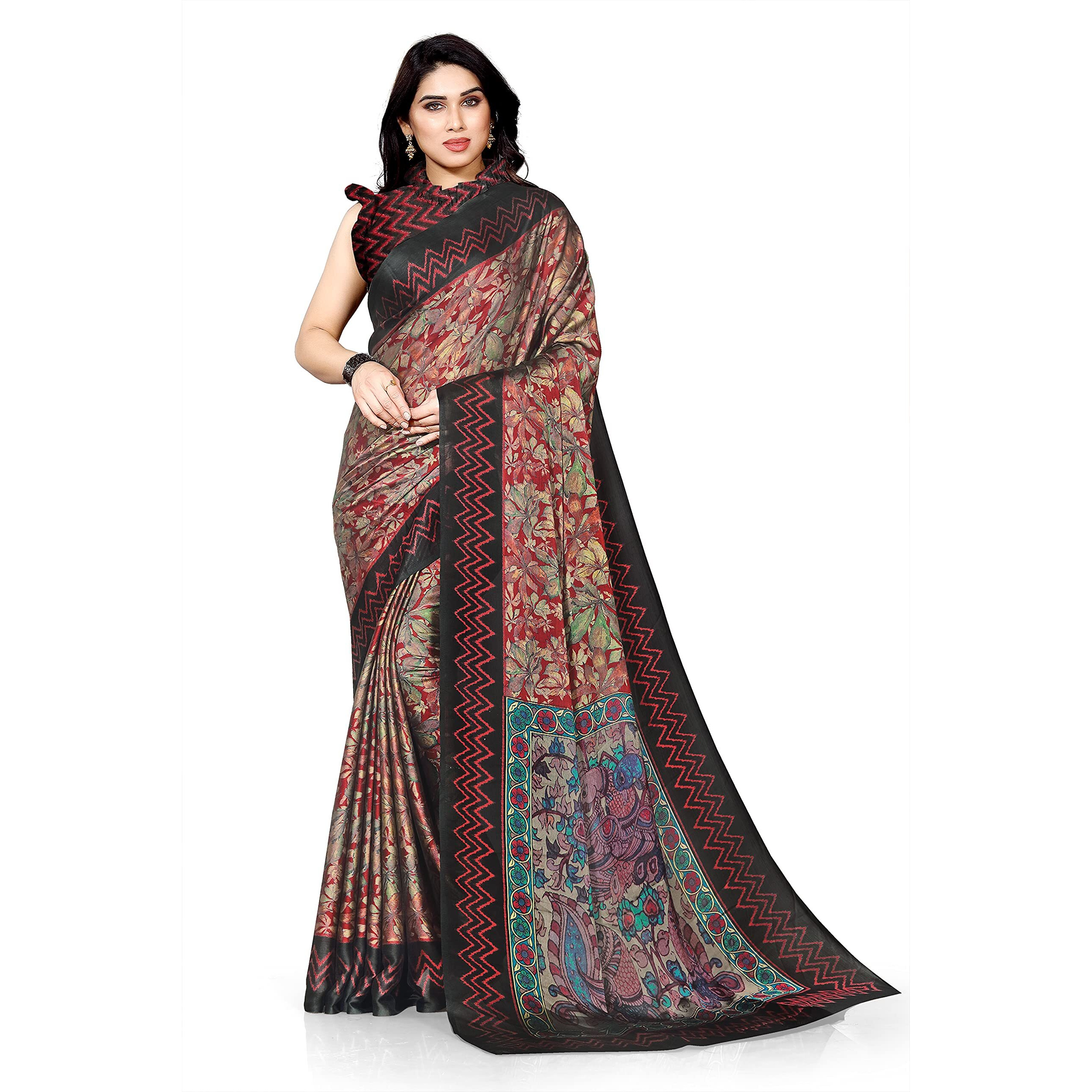 SOURBH Womens Plain Weave Chiffon Floral and Madhubani Prints Saree with Blouse Piece (29934-Pink, Wine)