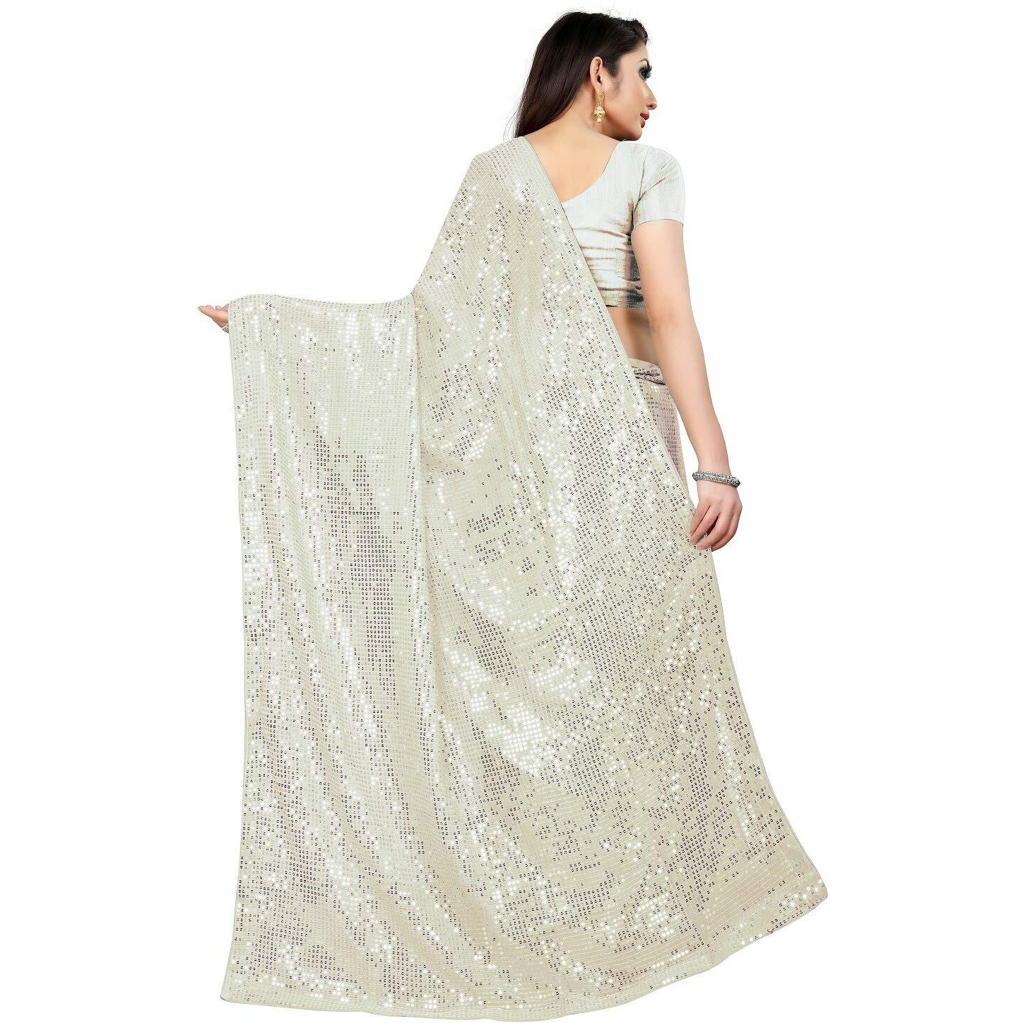 PristiveFashionHub Womens Pure Georgette Sequence Saree With Un-Stiched Blouse Piece (White)