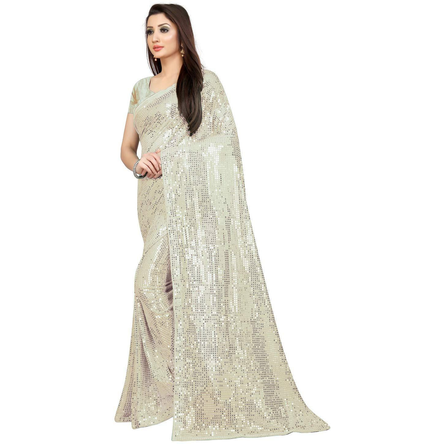 PristiveFashionHub Womens Pure Georgette Sequence Saree With Un-Stiched Blouse Piece (White)