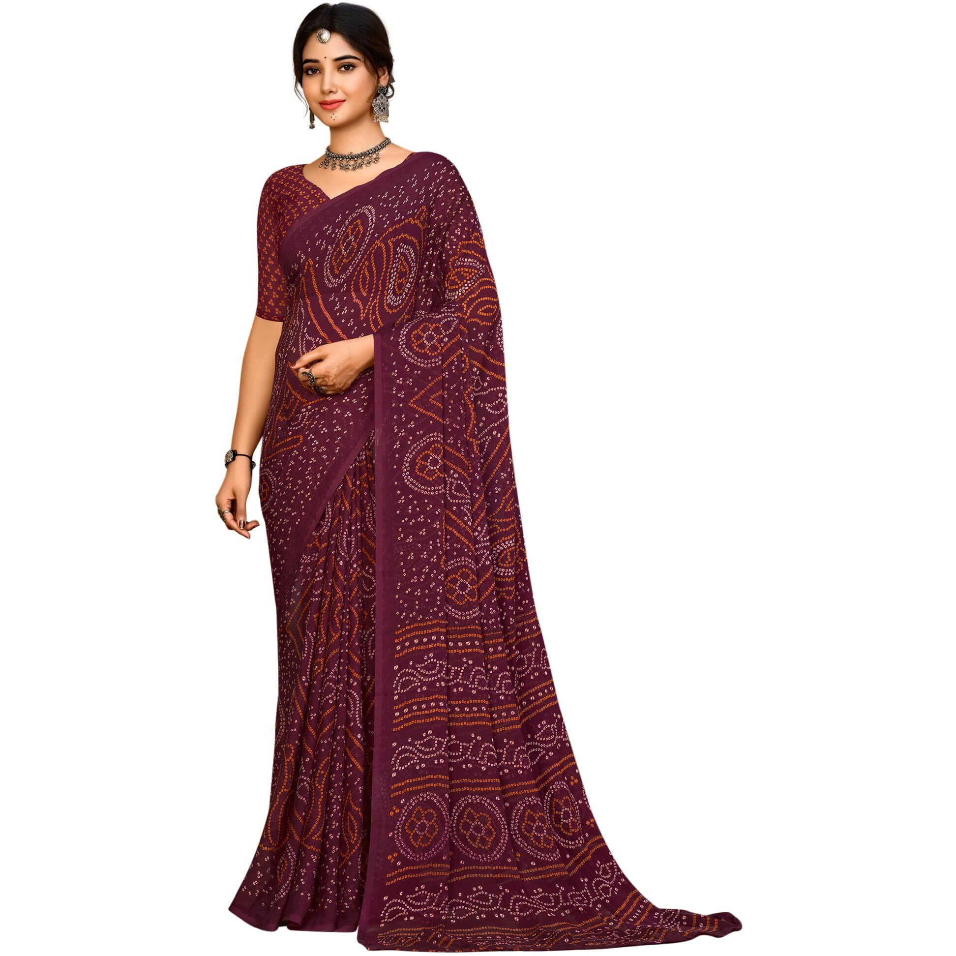 AKHILAM Womens Chiffon Purple Printed Designer Saree With Unstitched Blouse Piece (STARCFN26503A_TFH)