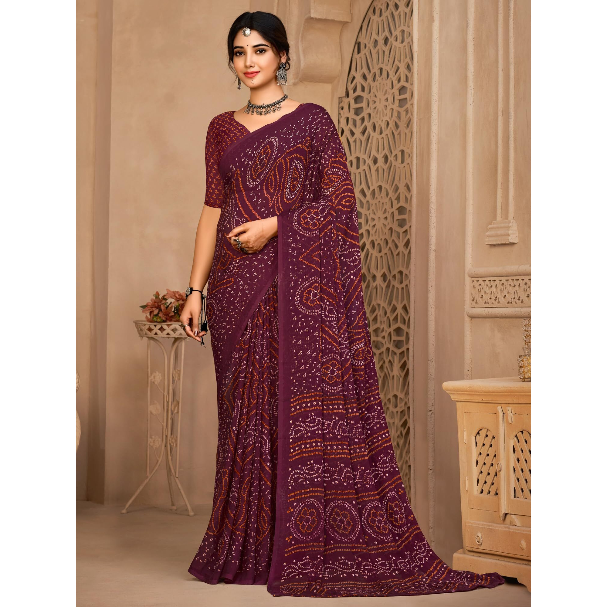 AKHILAM Womens Chiffon Purple Printed Designer Saree With Unstitched Blouse Piece (STARCFN26503A_TFH)