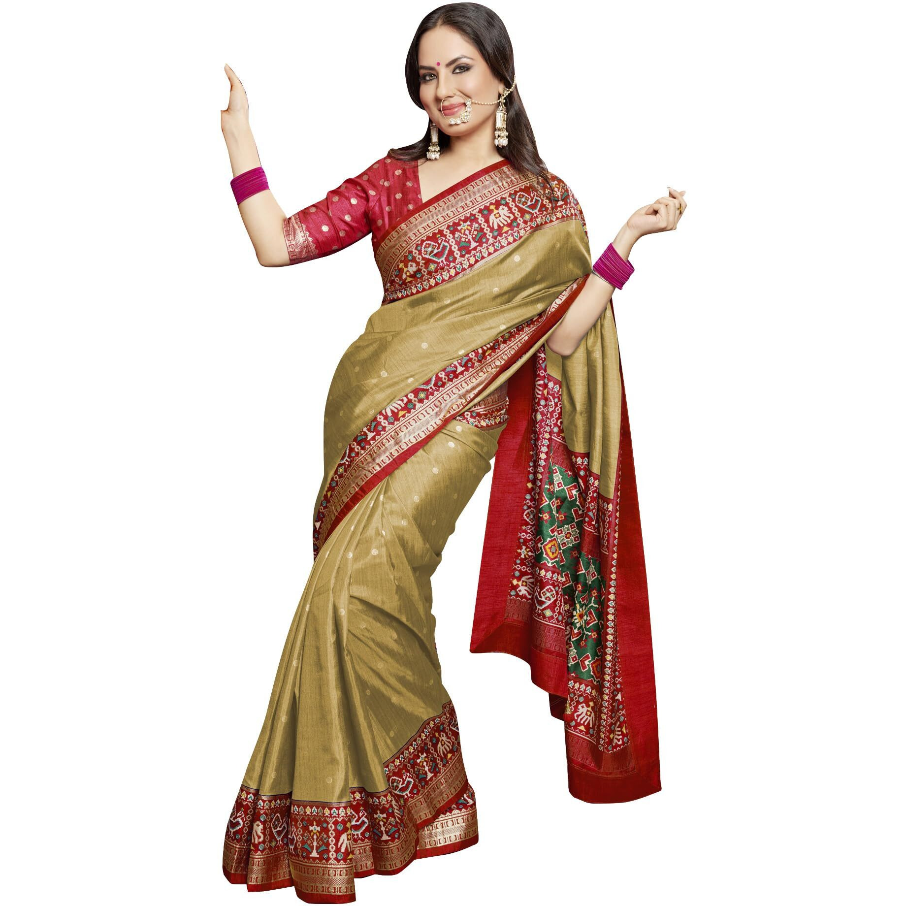 AKHILAM Womens Banarasi silk Animal Print Saree With Unstitched Blouse Piece(Cream_TRITH10014.)