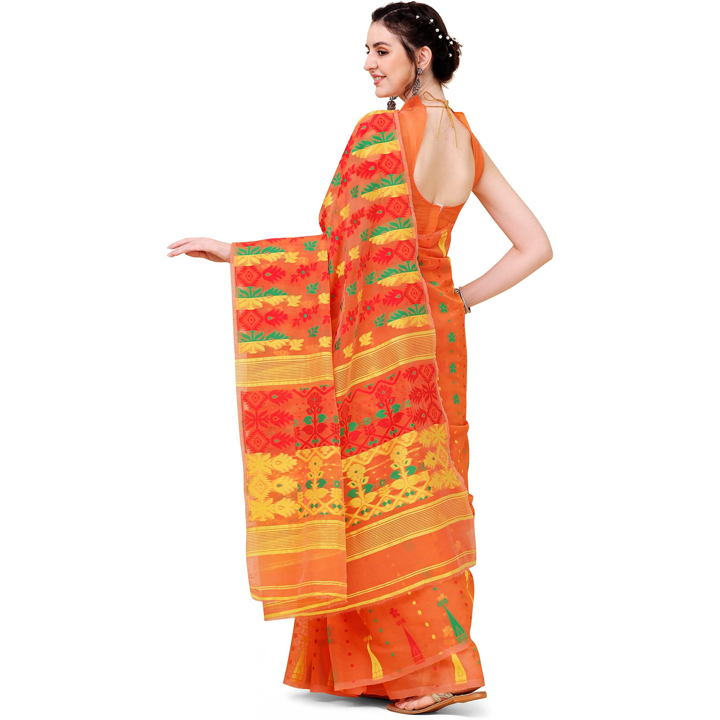 EthnicJunction Womens Woven Jamdhani Cotton Blend Saree With Blouse Piece (EJ7043-Tant-Orange_Orange)