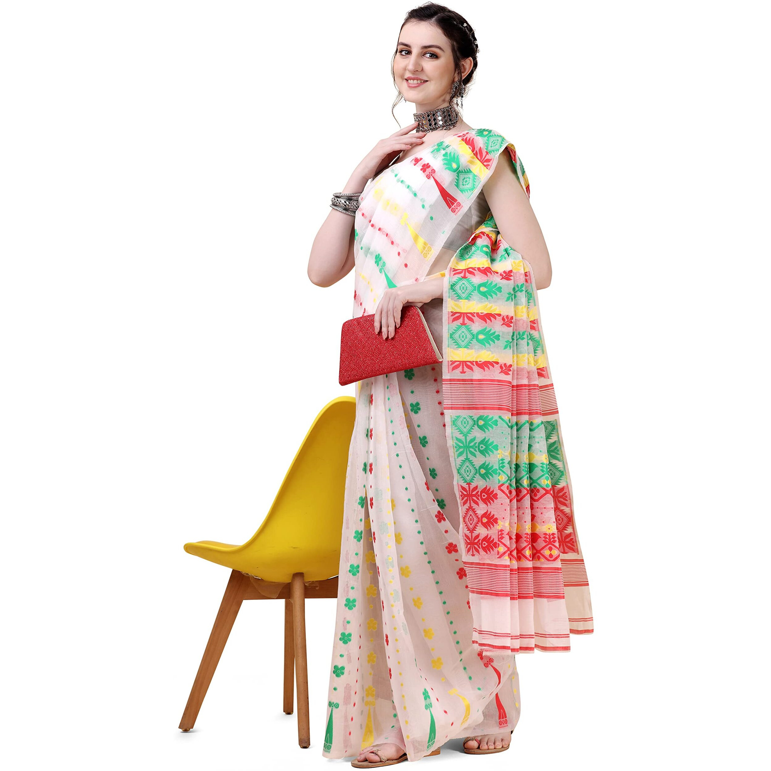 EthnicJunction Womens Woven Jamdhani Cotton Blend Saree With Blouse Piece (EJ7043-Tant-White_White)