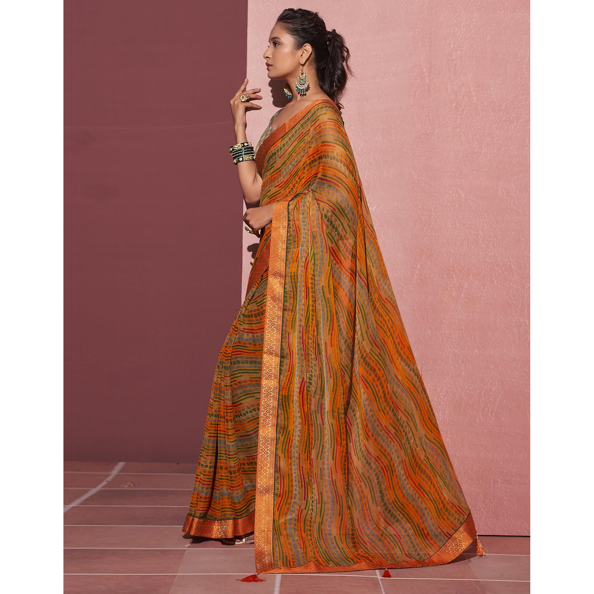 SIRIL Womens Chiffon Geometric Printed Saree With Unstitched Blouse Piece (3628S2529_Orange)