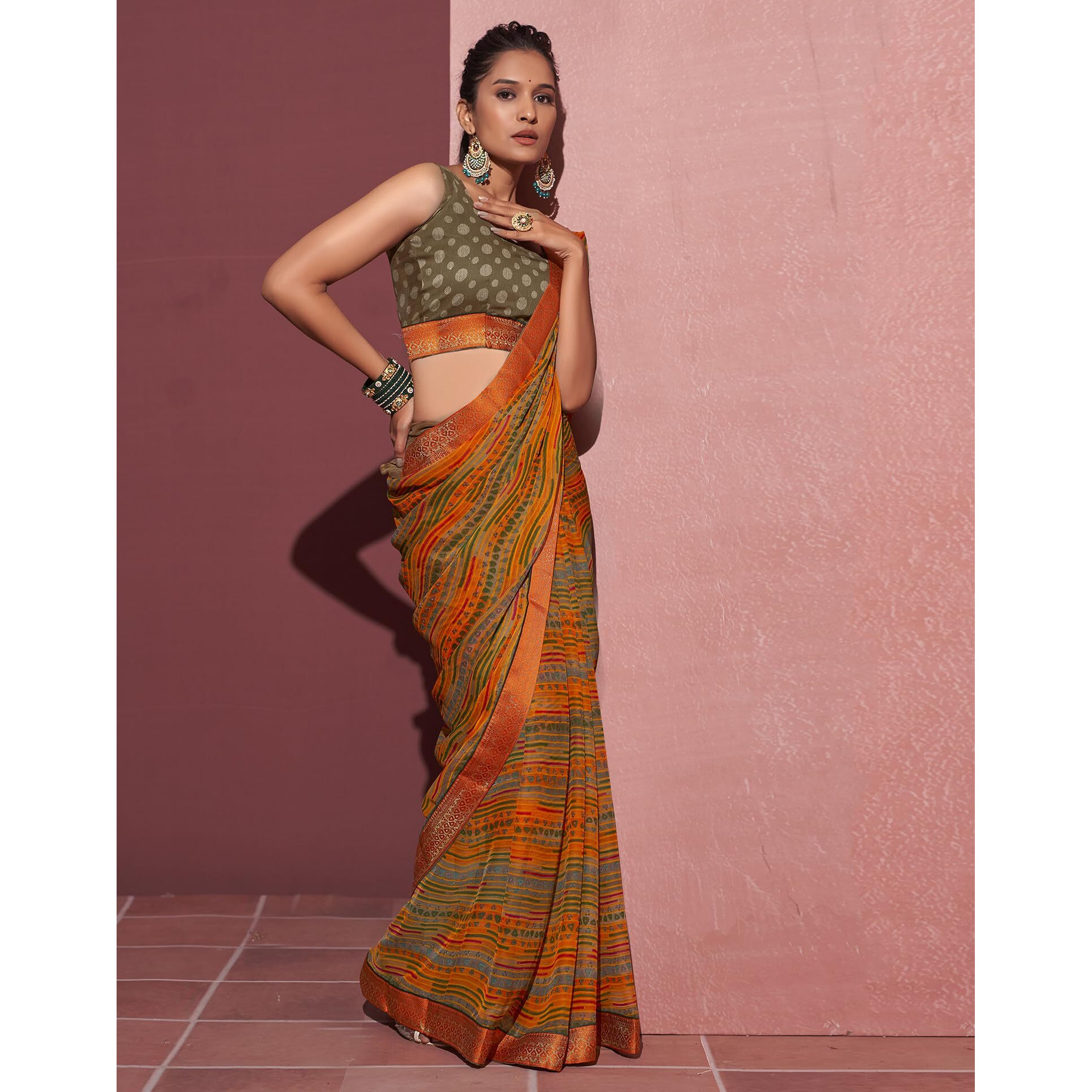 SIRIL Womens Chiffon Geometric Printed Saree With Unstitched Blouse Piece (3628S2529_Orange)