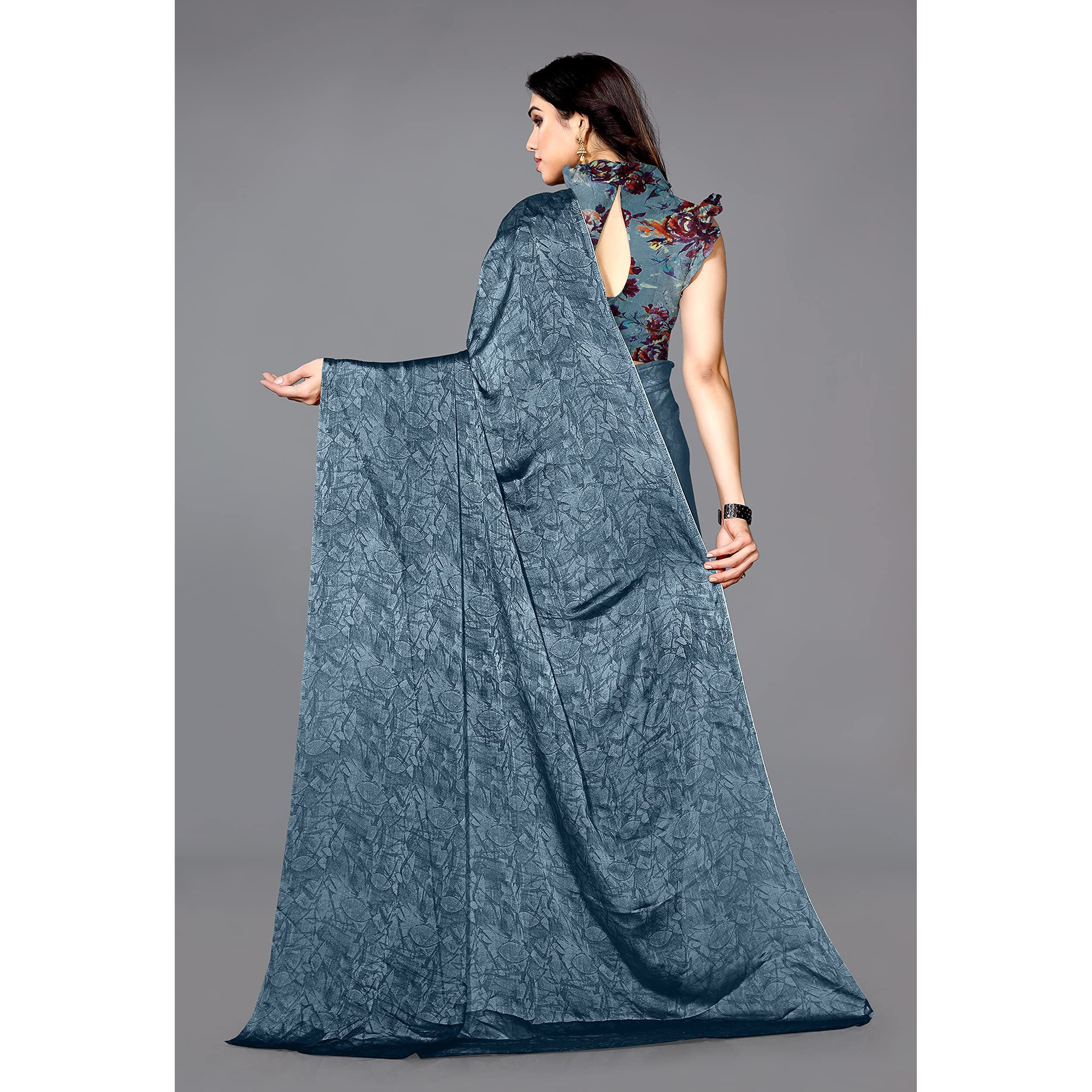 SOURBH Womens Chiffon Printed Saree with Blouse Piece (31683A-Slate Grey)