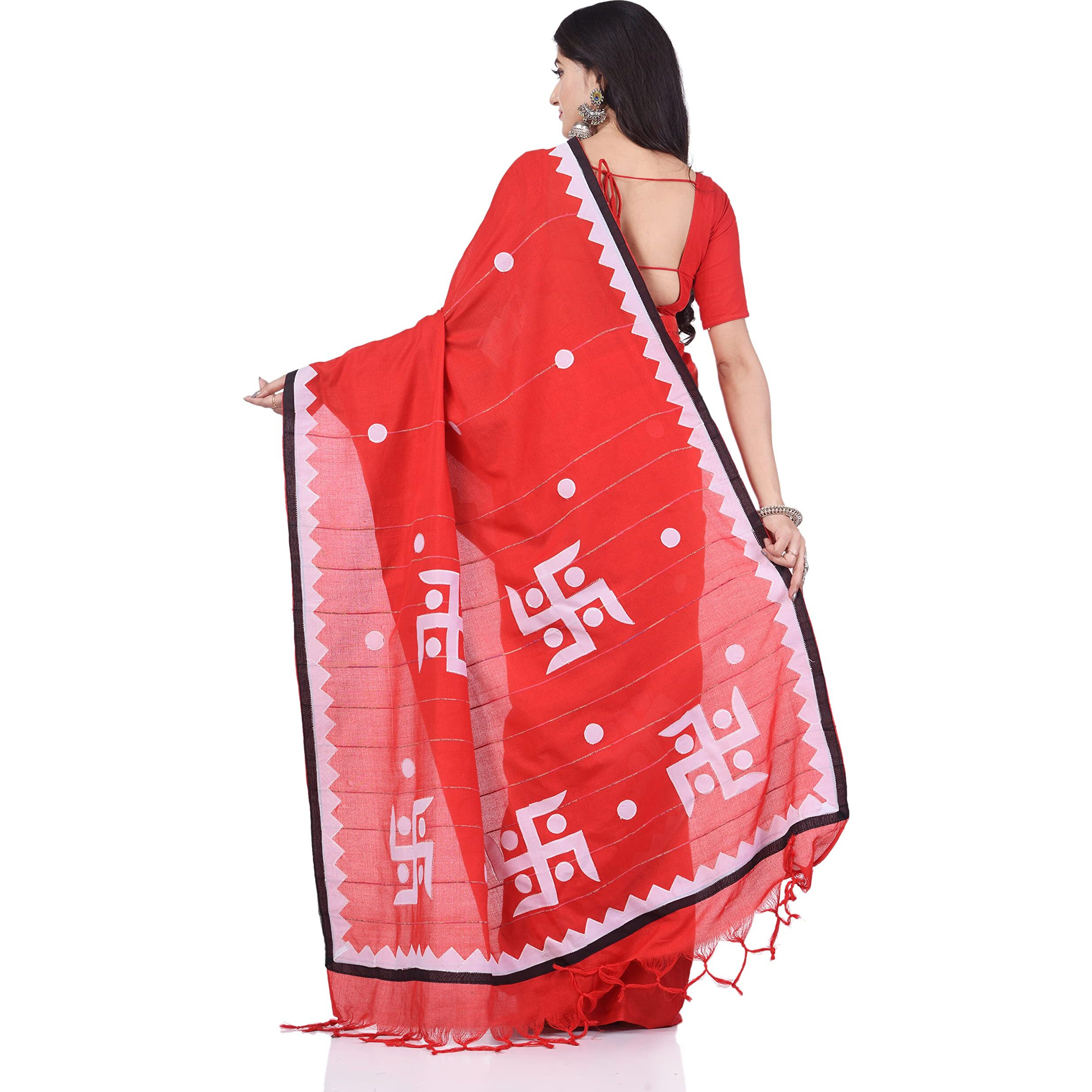 dB DESH BIDESH Women`s Bengali Khesh Pure Cotton Handloom Saree Swastik Designed With Blouse Piece (Red)