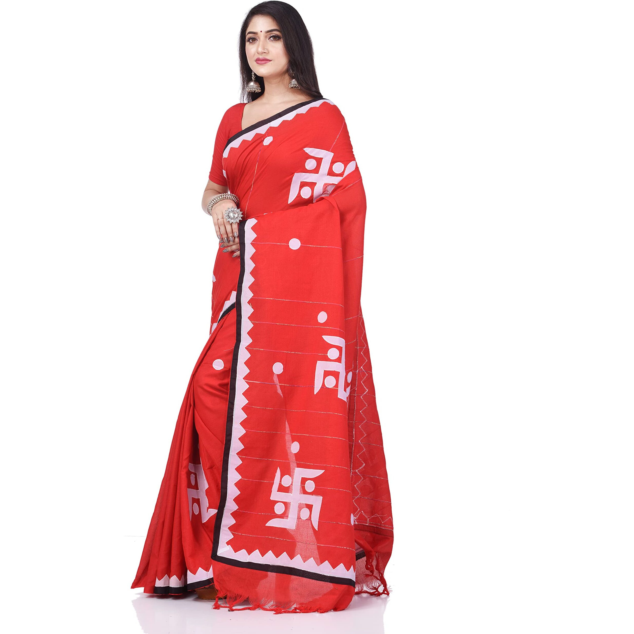 dB DESH BIDESH Women`s Bengali Khesh Pure Cotton Handloom Saree Swastik Designed With Blouse Piece (Red)