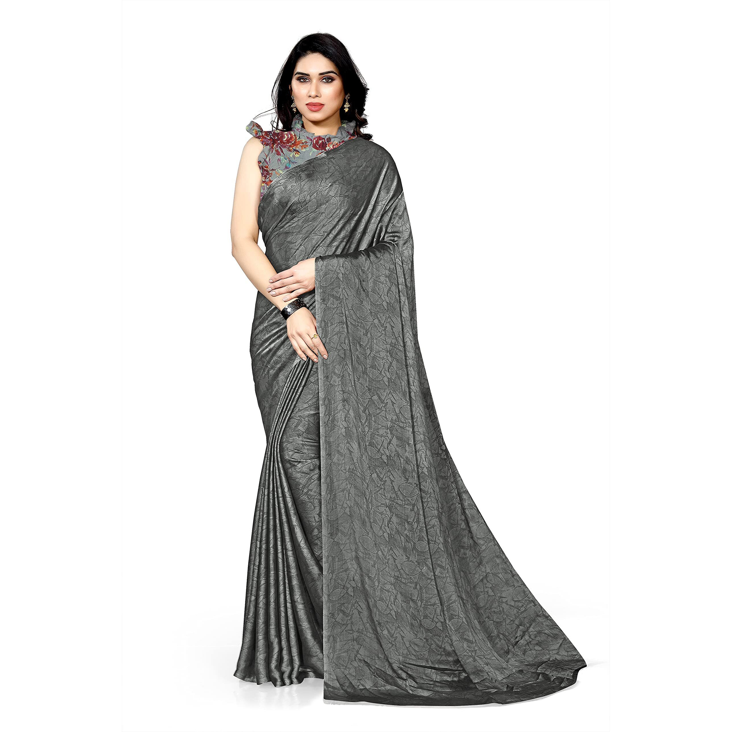 SOURBH Womens Chiffon Plain Weave Saree with Blouse Piece (25763-Grey)