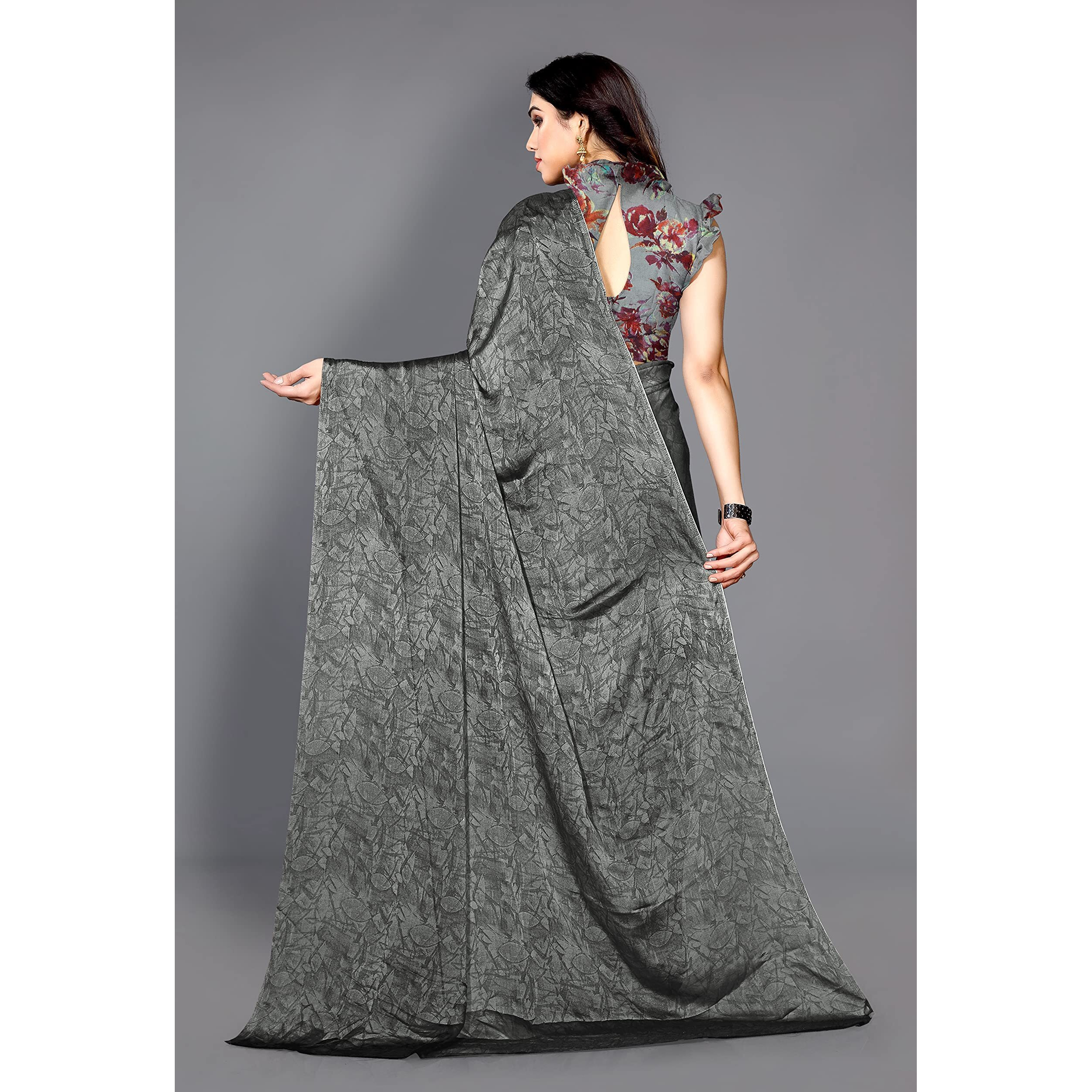 SOURBH Womens Chiffon Plain Weave Saree with Blouse Piece (25763-Grey)