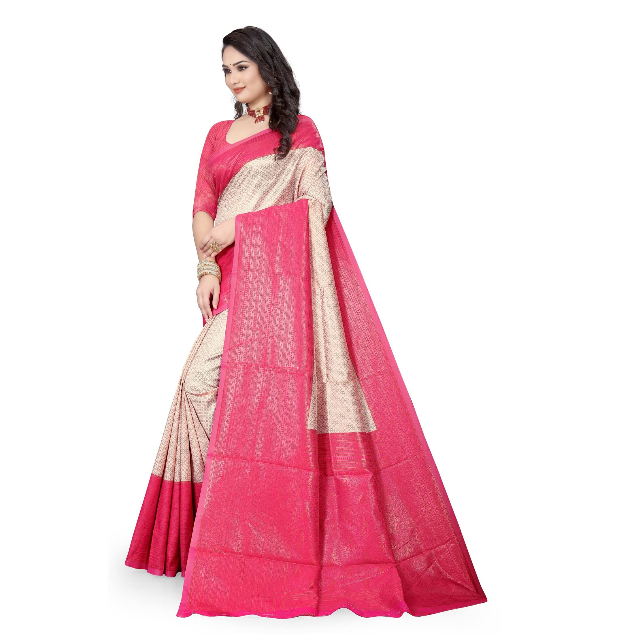 Shasmi Beige Womens Kanchipuram Art Silk Saree With Blouse Piece (KANCHIPURAM 2004 BEIGE PINK)