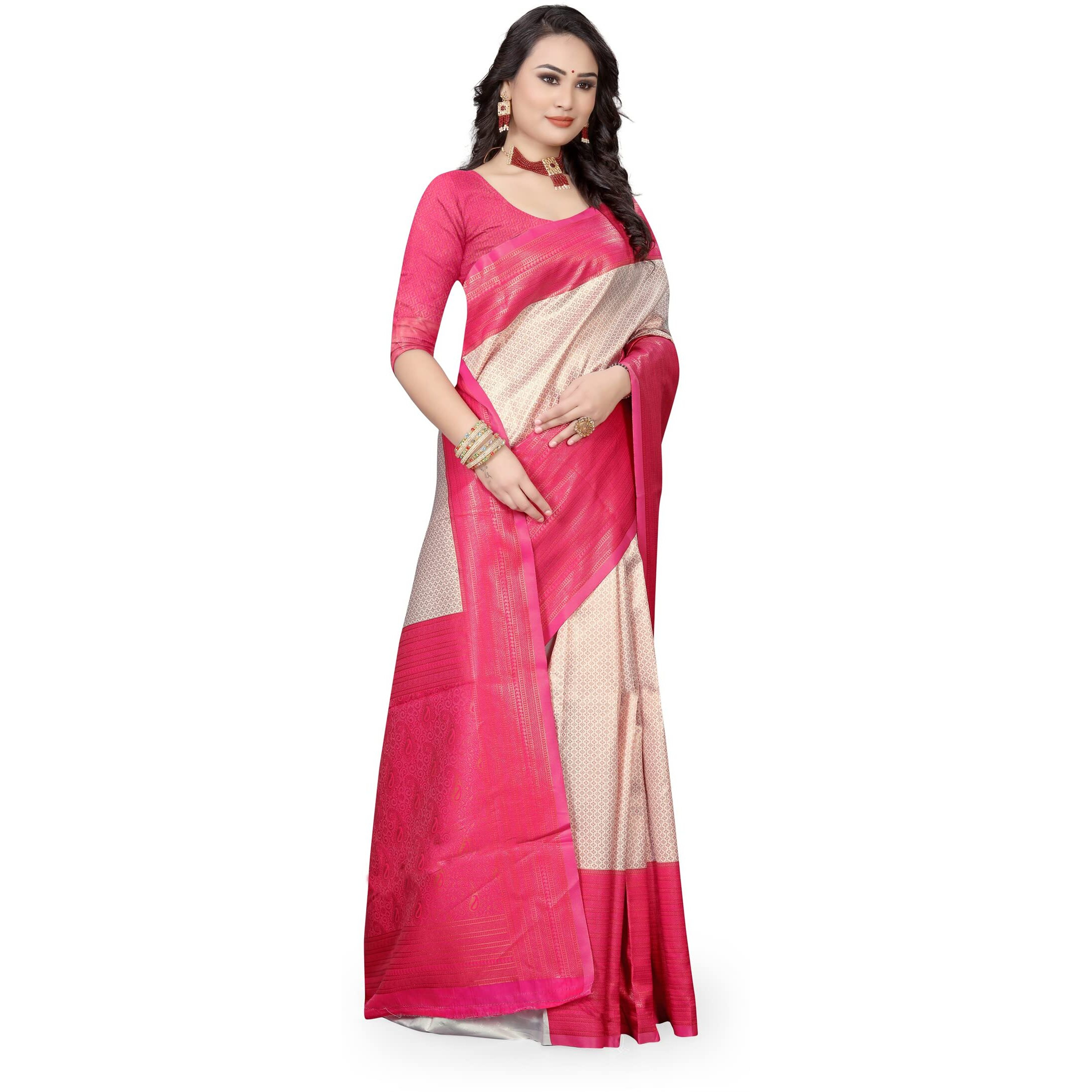 Shasmi Beige Womens Kanchipuram Art Silk Saree With Blouse Piece (KANCHIPURAM 2004 BEIGE PINK)