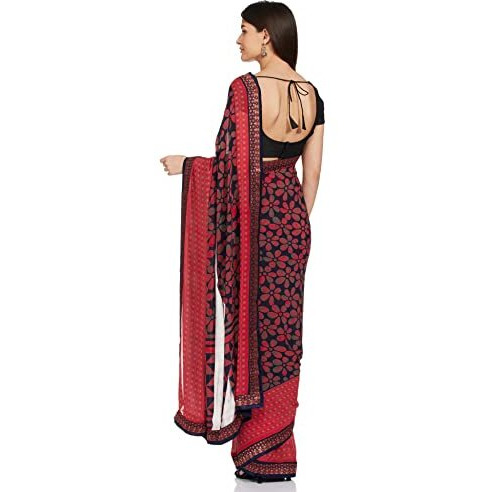 Oomph Womens Georgette Sarees Fancy Georgette SareesPlain Georgette Sarees With Printed Border - Neon Pink