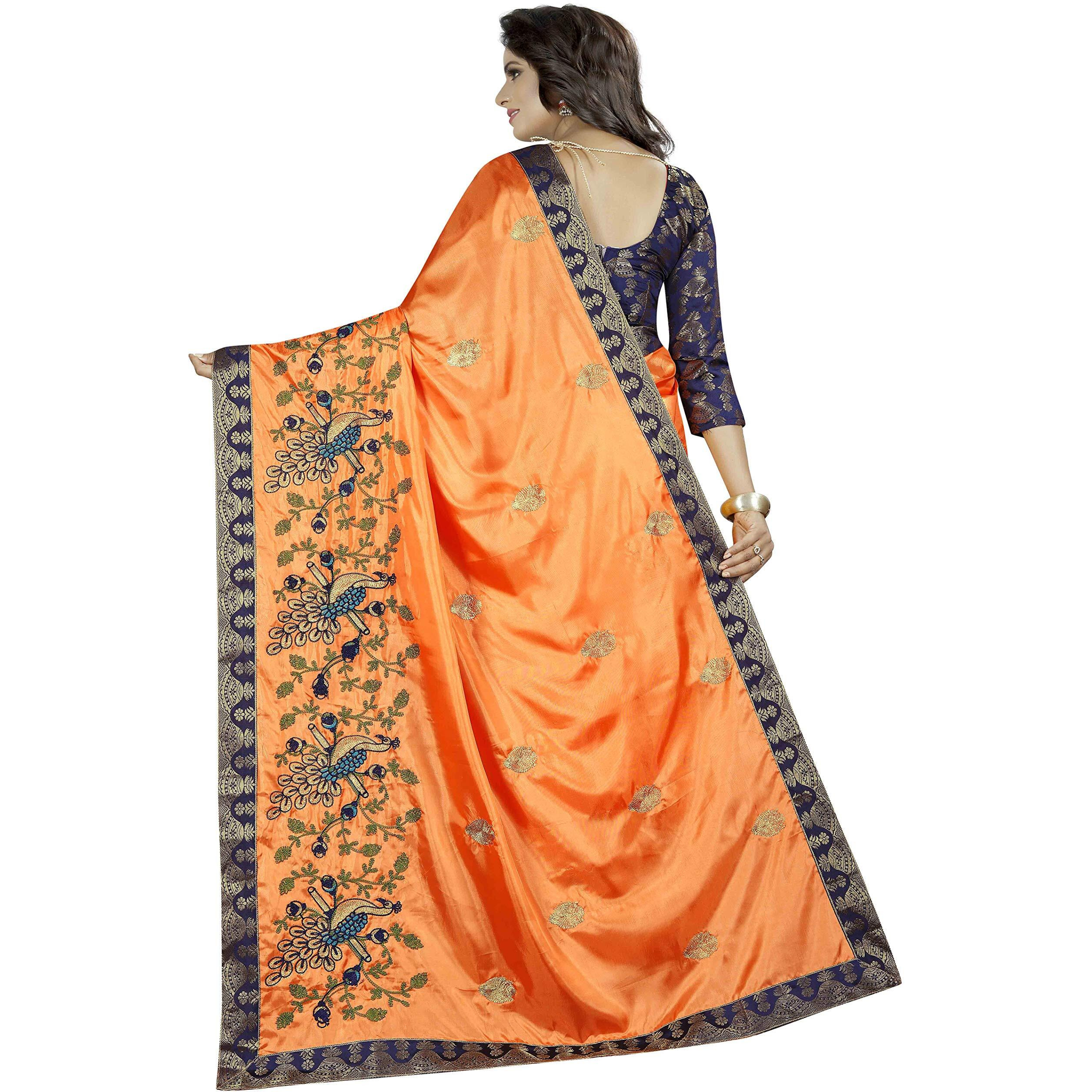 Shreeji Designer Womens Paper Silk Ari Embroidery Work Saree With Jacquard Blouse Piece SD-2235 (Orange-Blue)