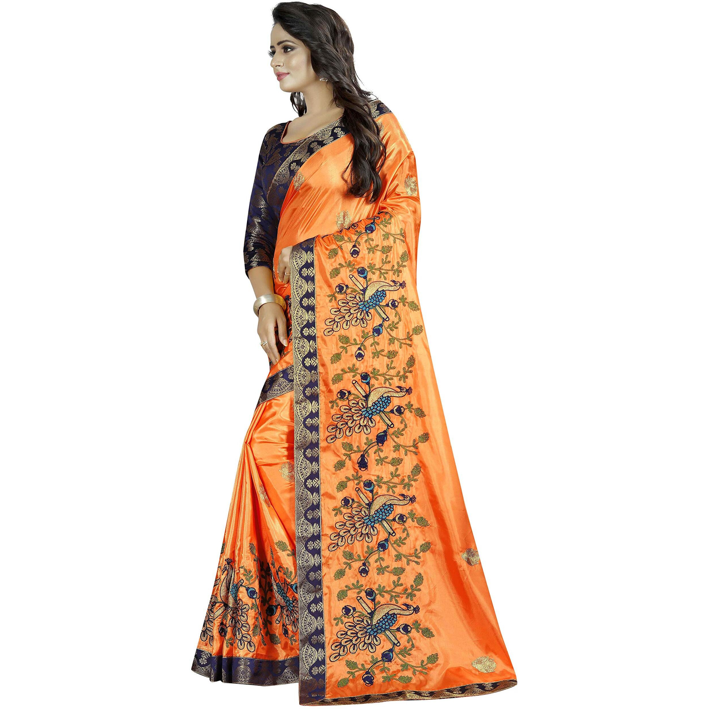 Shreeji Designer Womens Paper Silk Ari Embroidery Work Saree With Jacquard Blouse Piece SD-2235 (Orange-Blue)