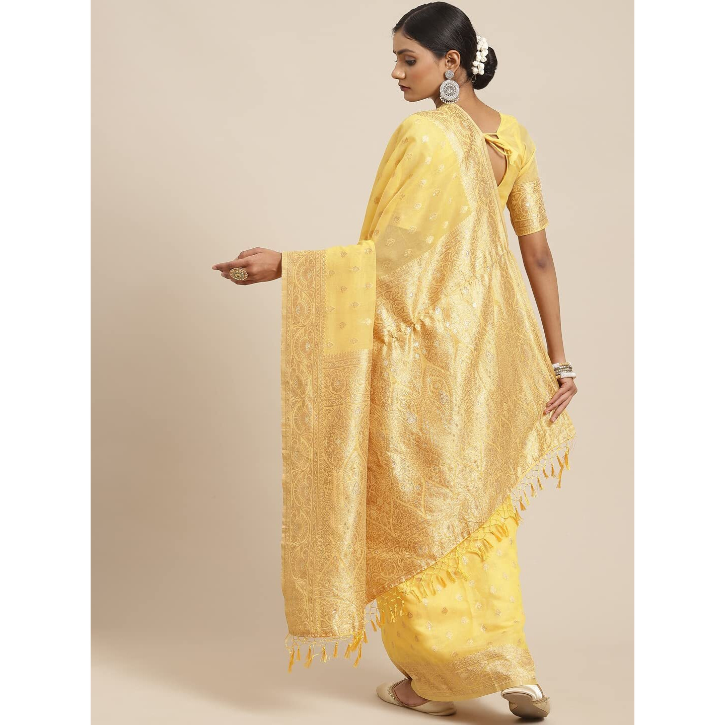 AKHILAM Womens Silk Cotton Banarasi Saree With Unstitched Blouse Piece (Yellow_FF03VMIKA3006)