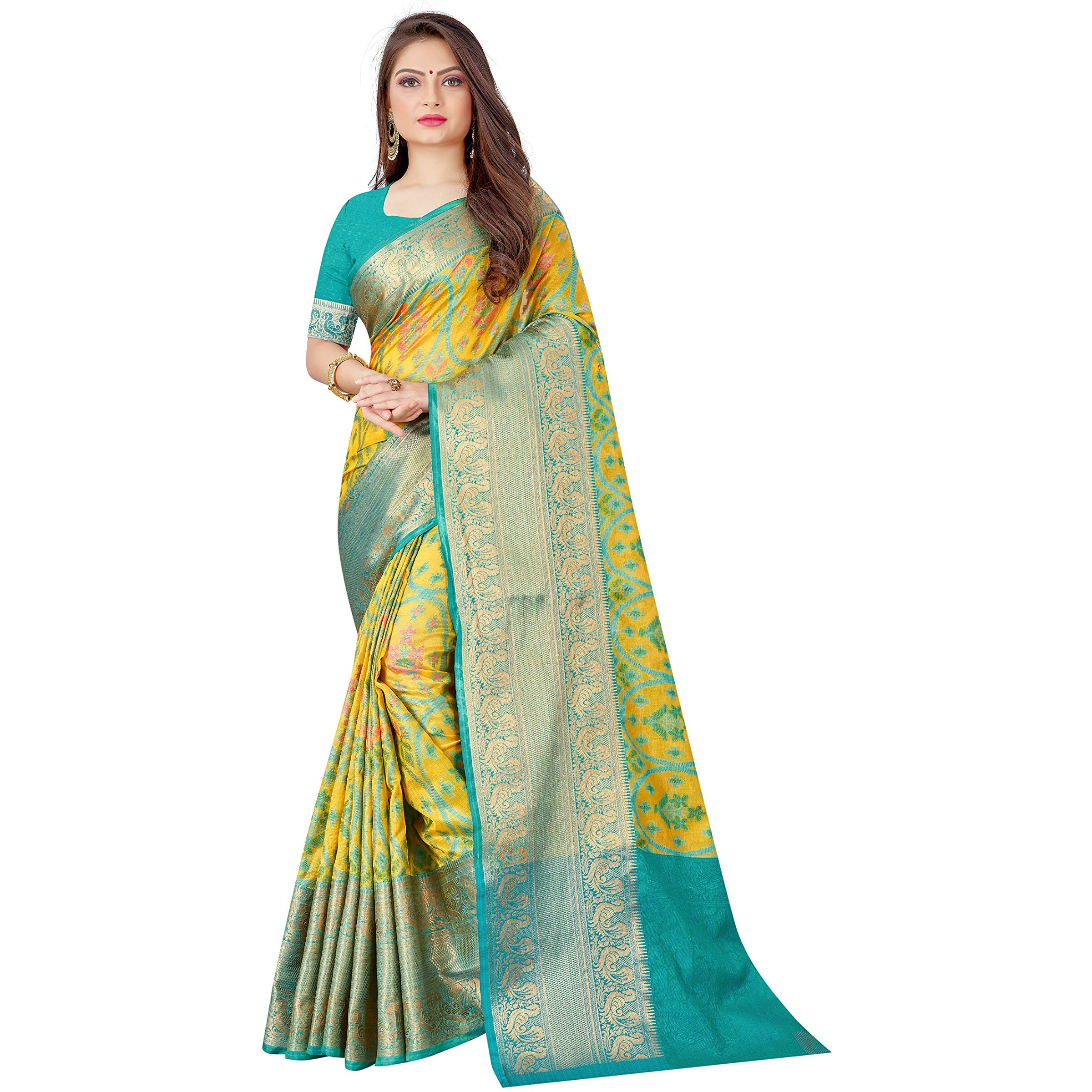 SWORNOF Womens Banarasi Silk Blend Saree with Blouse Piece (YELLOW)