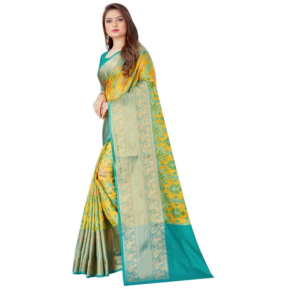 SWORNOF Womens Banarasi Silk Blend Saree with Blouse Piece (YELLOW)