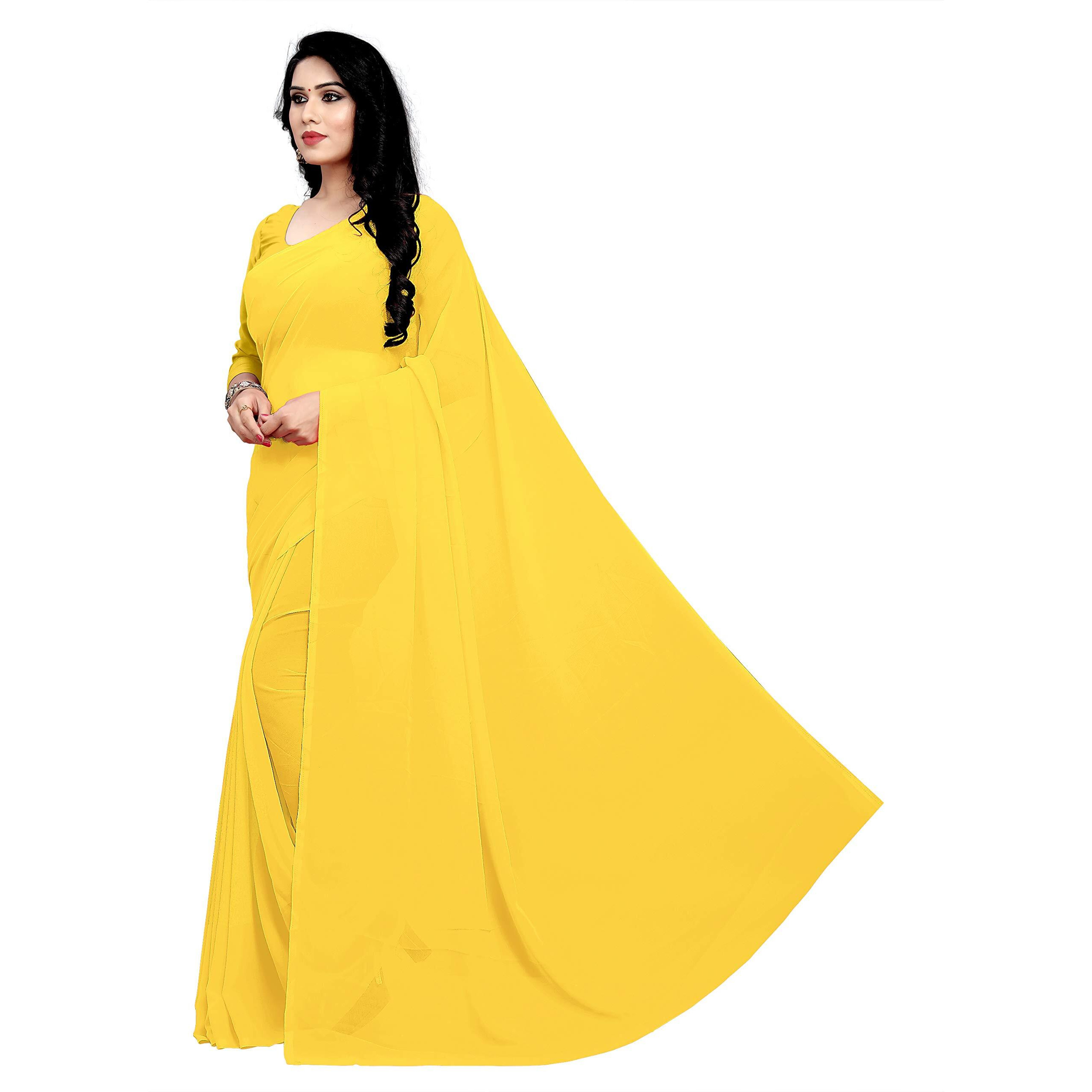 Sidhidata Textile Womens Plain Solid Pure Georgette saree With Unstitched Blouse Piece (plain lemon yellow__lemon yellow_Free Size)