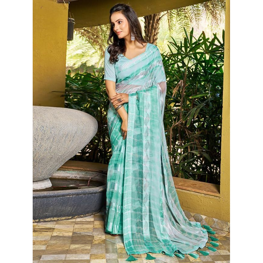 Satrani Womens Pure Chiffon Saree (3398S254N_Turquoise)