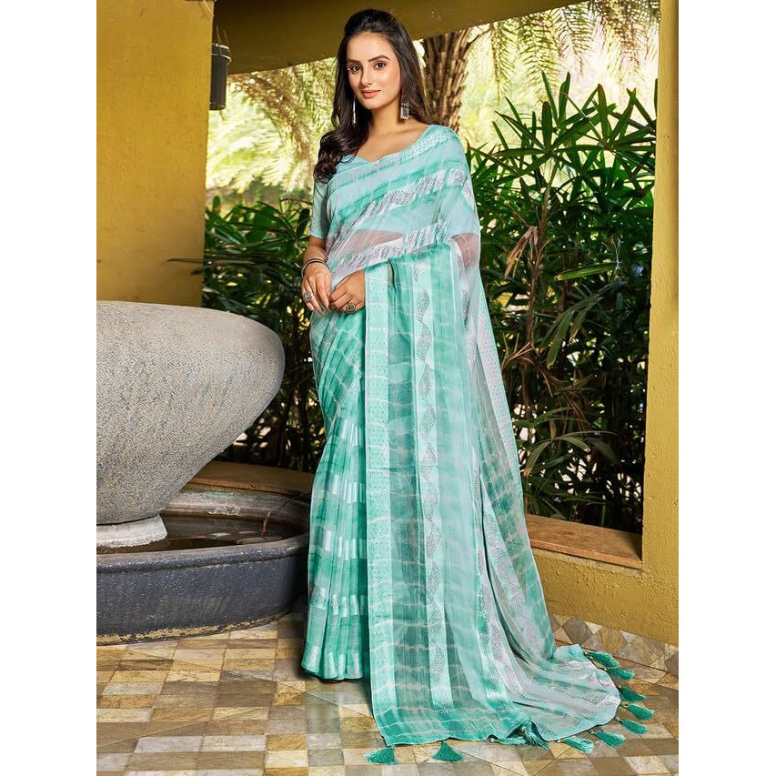 Satrani Womens Pure Chiffon Saree (3398S254N_Turquoise)