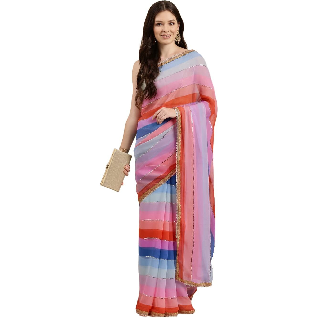 PristiveFashionHub Womens Pure Georgette Sequence Saree With Un-Stiched Blouse Piece (Pink)