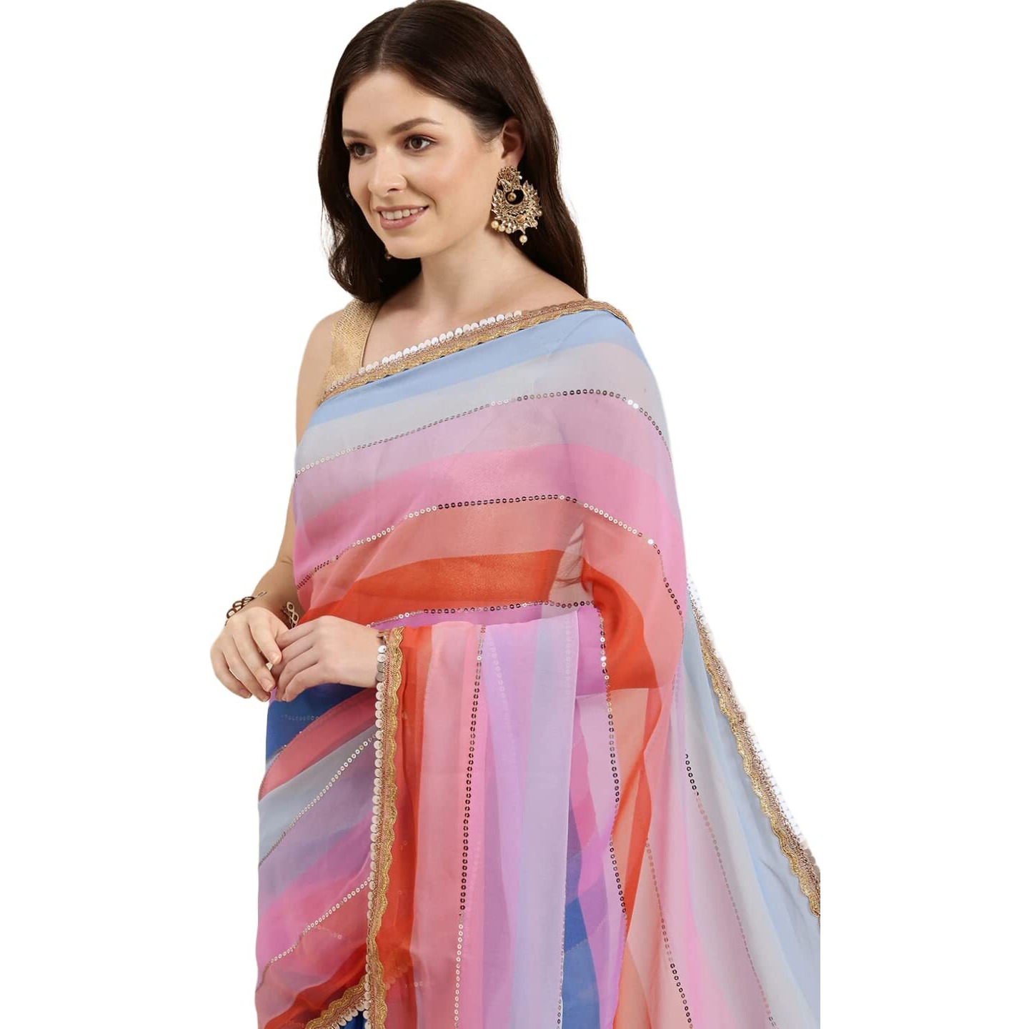 PristiveFashionHub Womens Pure Georgette Sequence Saree With Un-Stiched Blouse Piece (Pink)