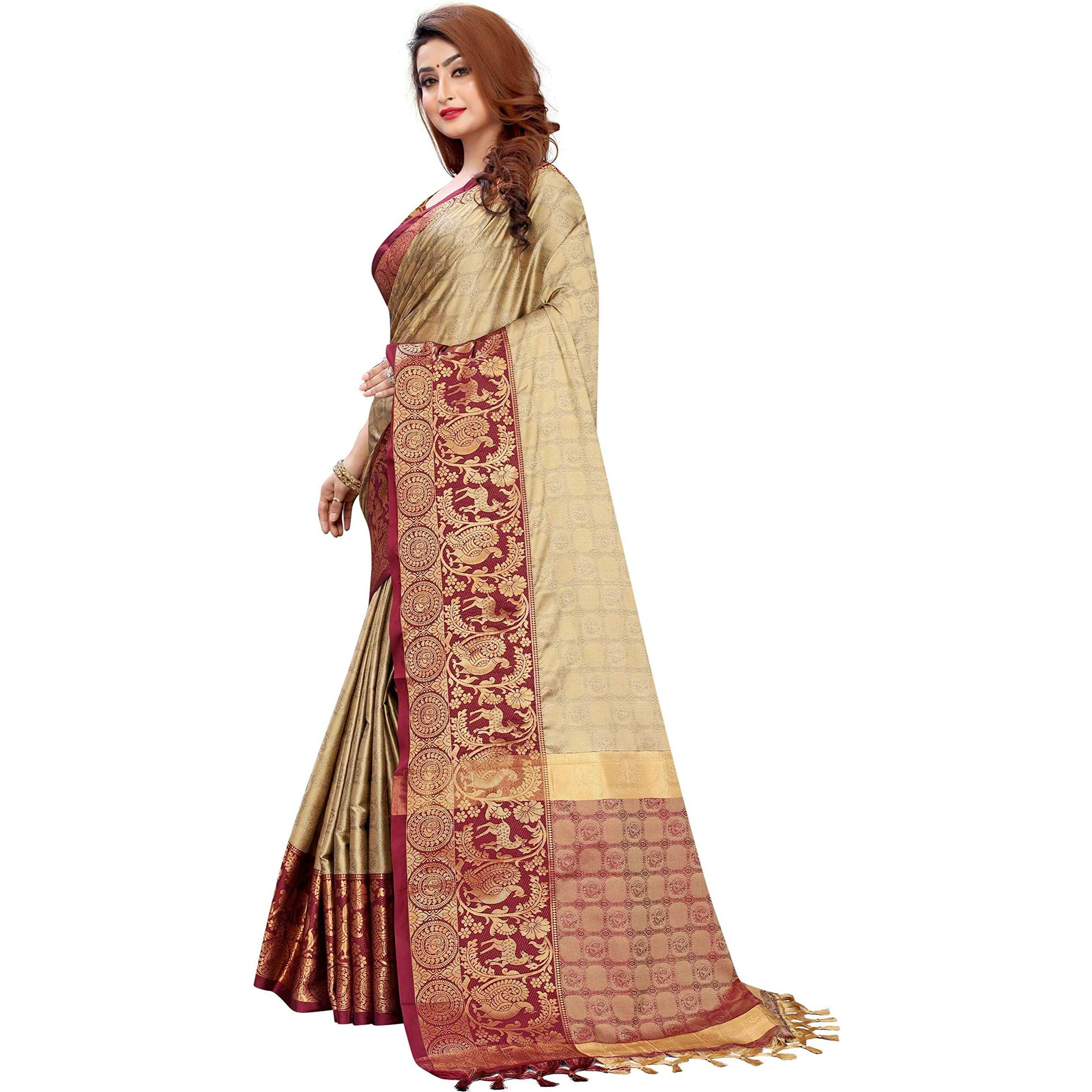 PristiveFashionHub Womens Cotton Silk Saree With Blouse Piece (Cottonsilk_Jacquard Silk_Creme_Cream)