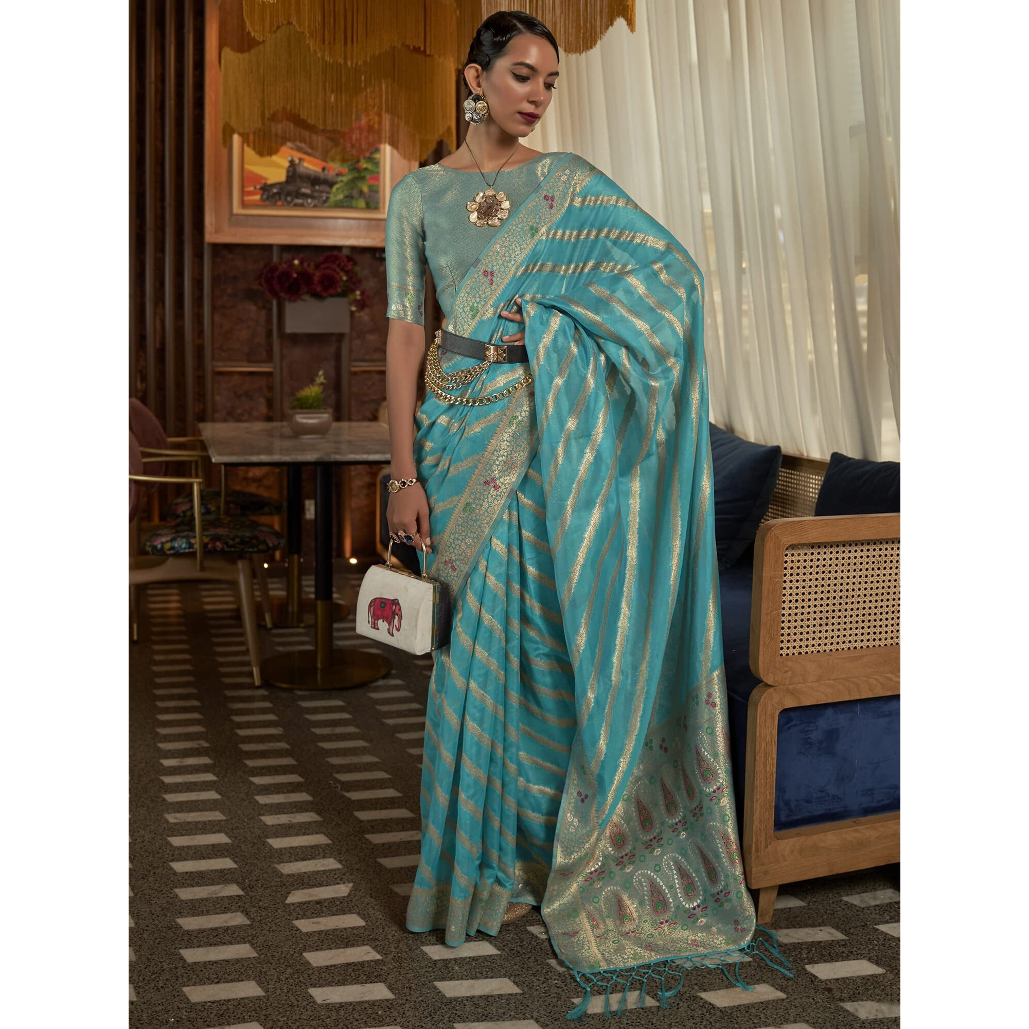 AKHILAM Womens Organza Woven Design Saree With Unstitched Blouse Piece (Blue_KAHANA279005_RJ)