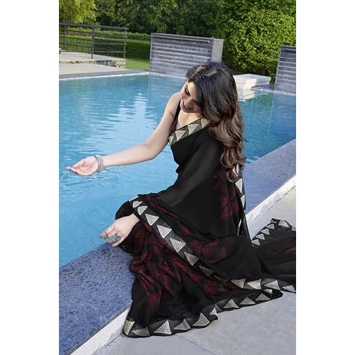 SOURBH Womens Faux Georgette Printed Zari Border Saree with Blouse Piece (7231-Black)