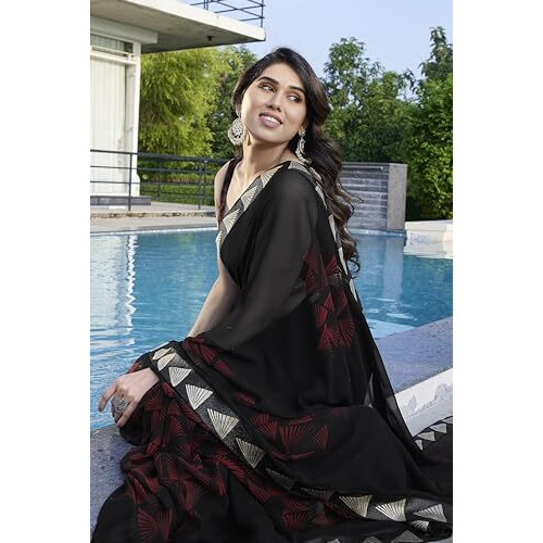 SOURBH Womens Faux Georgette Printed Zari Border Saree with Blouse Piece (7231-Black)